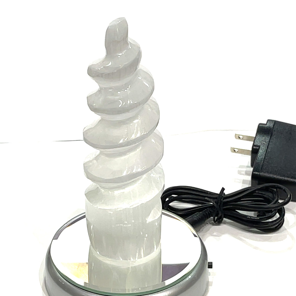 Selenite (Unicorn Horn carving)  Tower with  LED wooden light stand