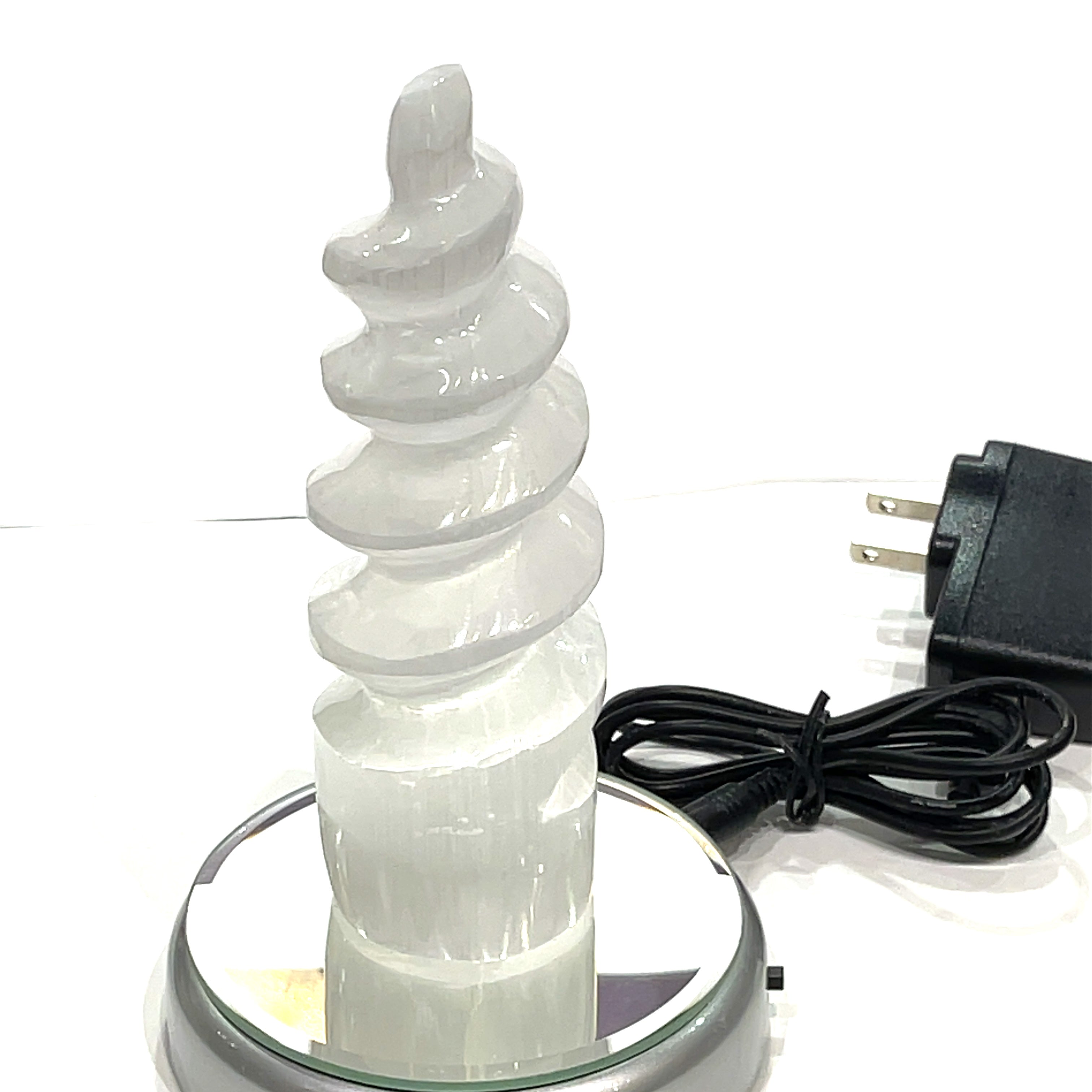 Selenite (Unicorn Horn carving)  Tower with  LED wooden light stand