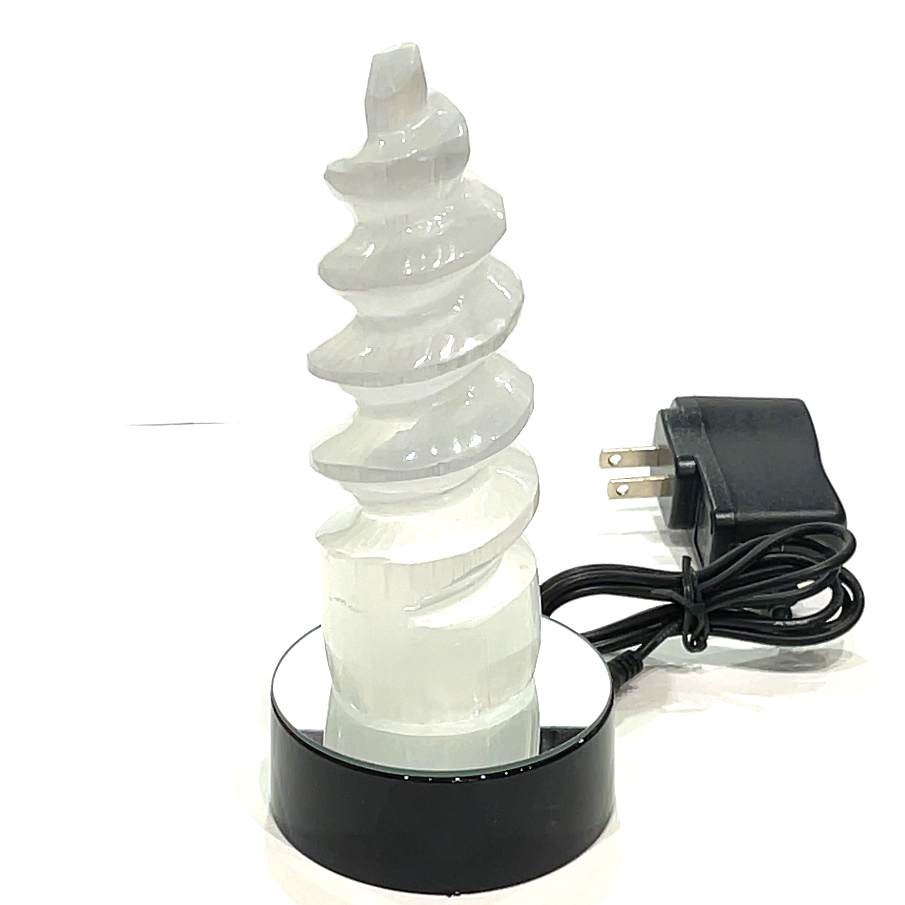 Selenite (Unicorn Horn carving)  Tower with  LED wooden light stand