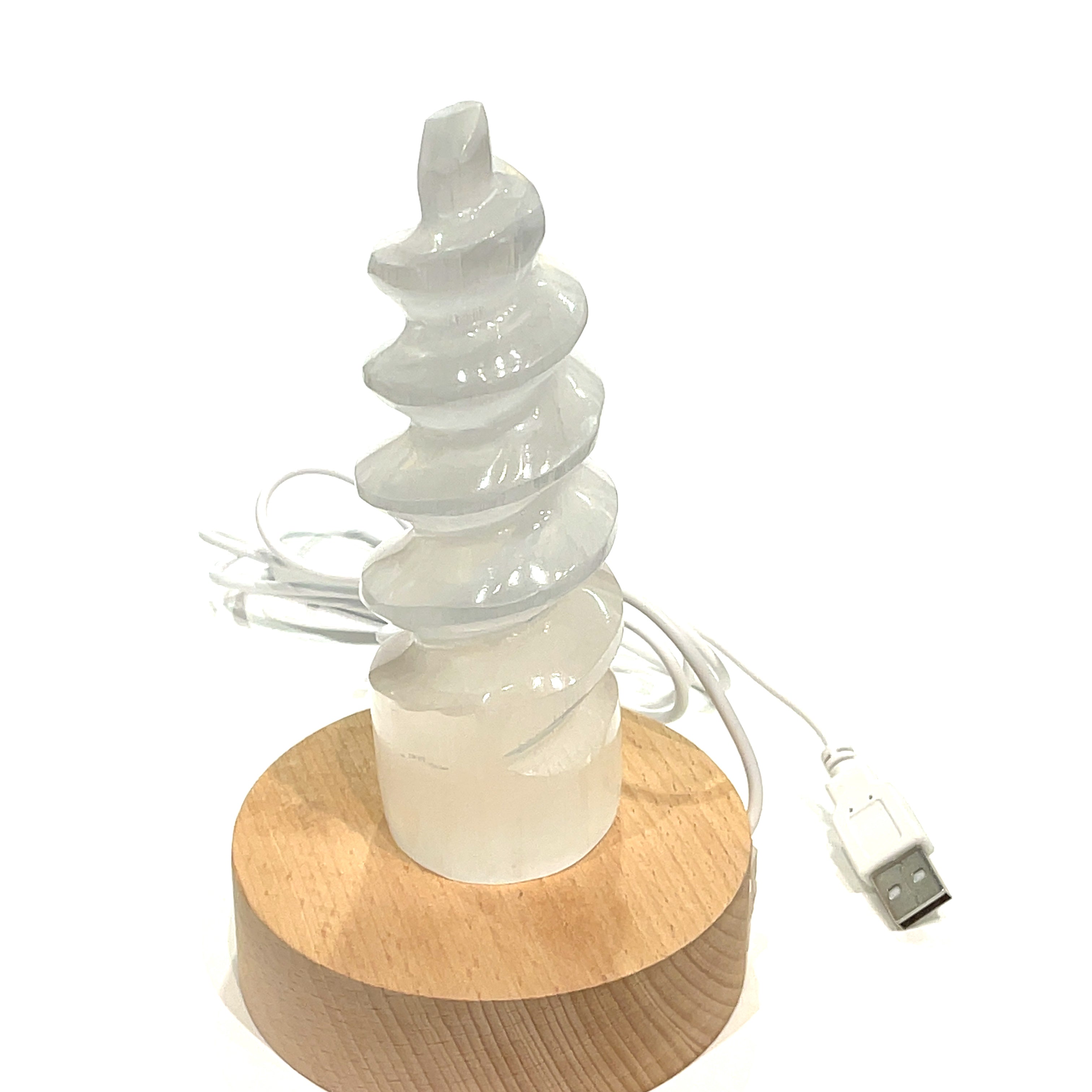 Selenite (Unicorn Horn carving)  Tower with  LED wooden light stand