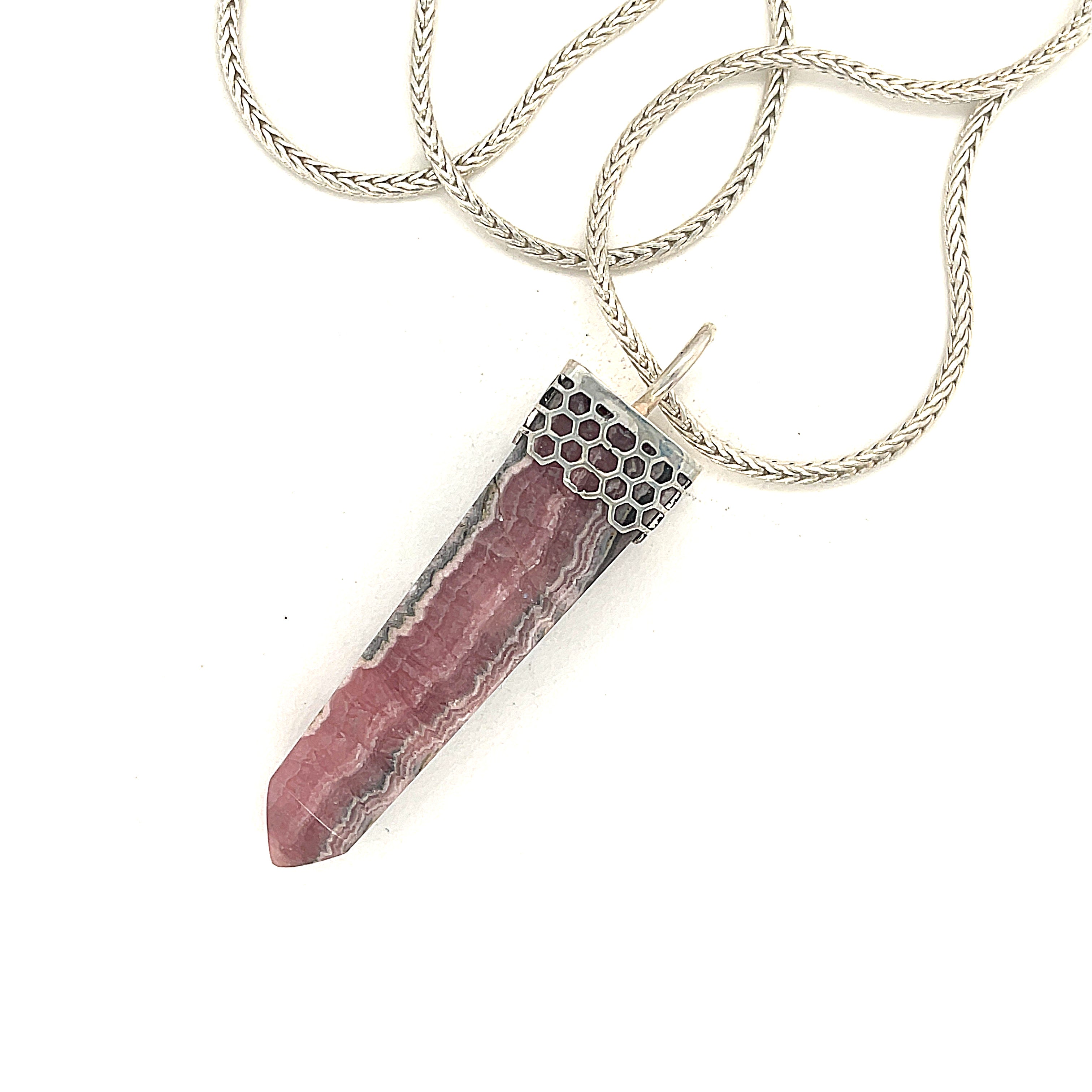 Rhodochrosite gemstone pendant on sterling silver chain necklace