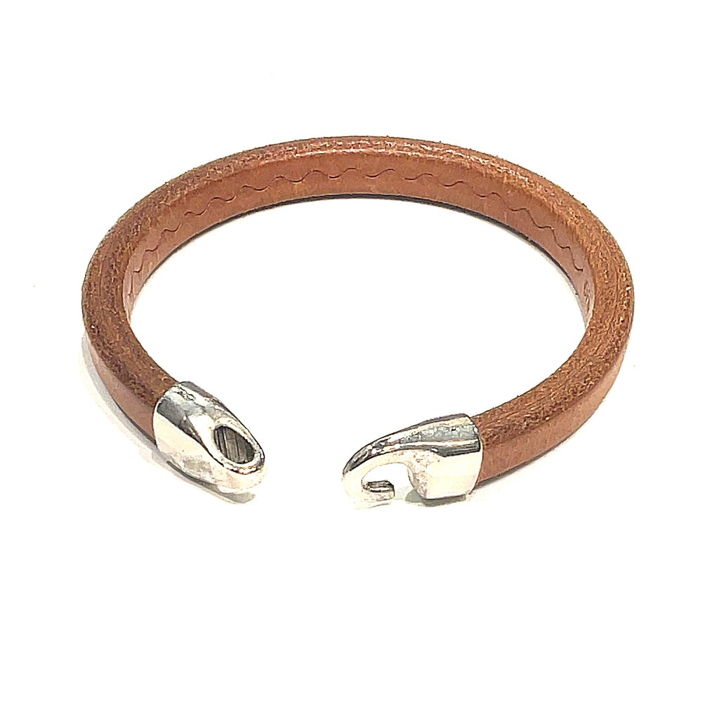 Brown Leather bangle Bracelet with hook clasp