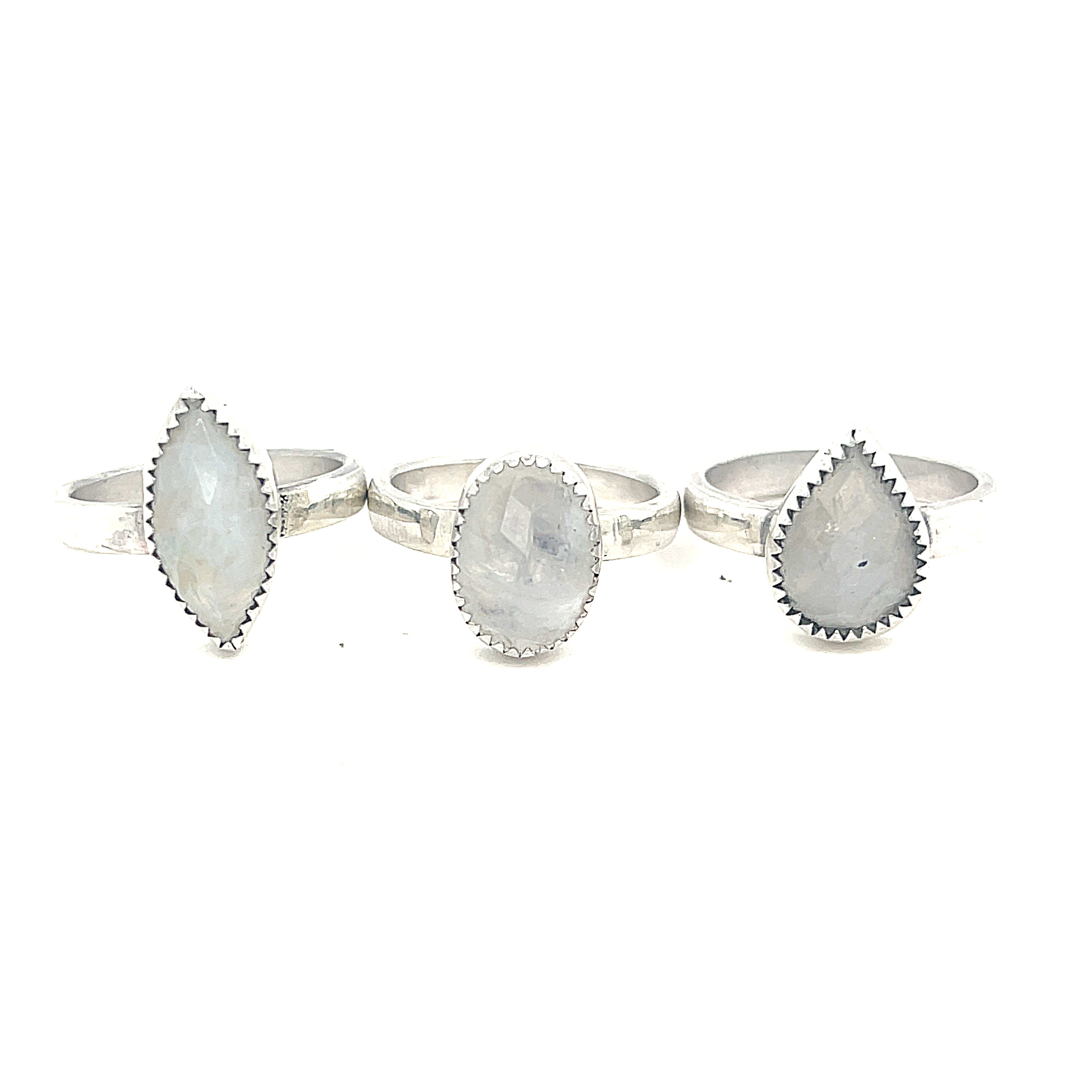 Rainbow Moonstone Ring | Sterling Silver Rose-Cut Gemstone | Oval, Teardrop & Marquise Shapes