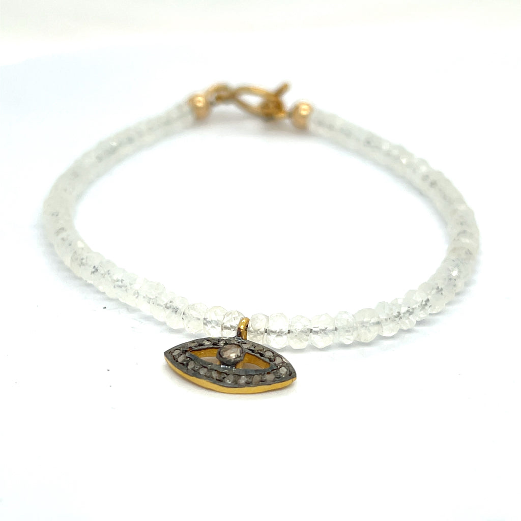 Rainbow Moonstone with a gold filled paved diamond evil eye charm beaded bracelet