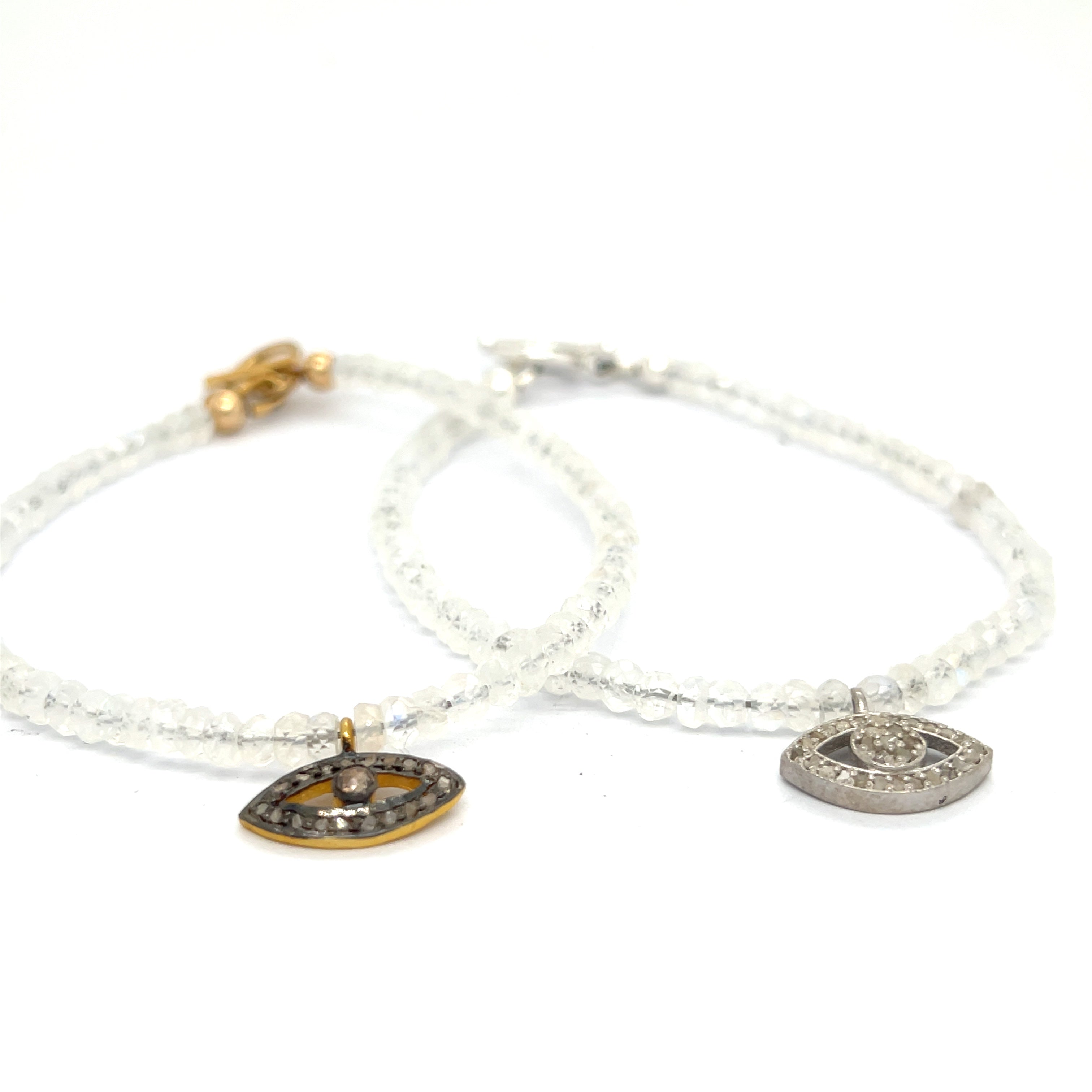 Rainbow Moonstone with a gold filled paved diamond evil eye charm beaded bracelet