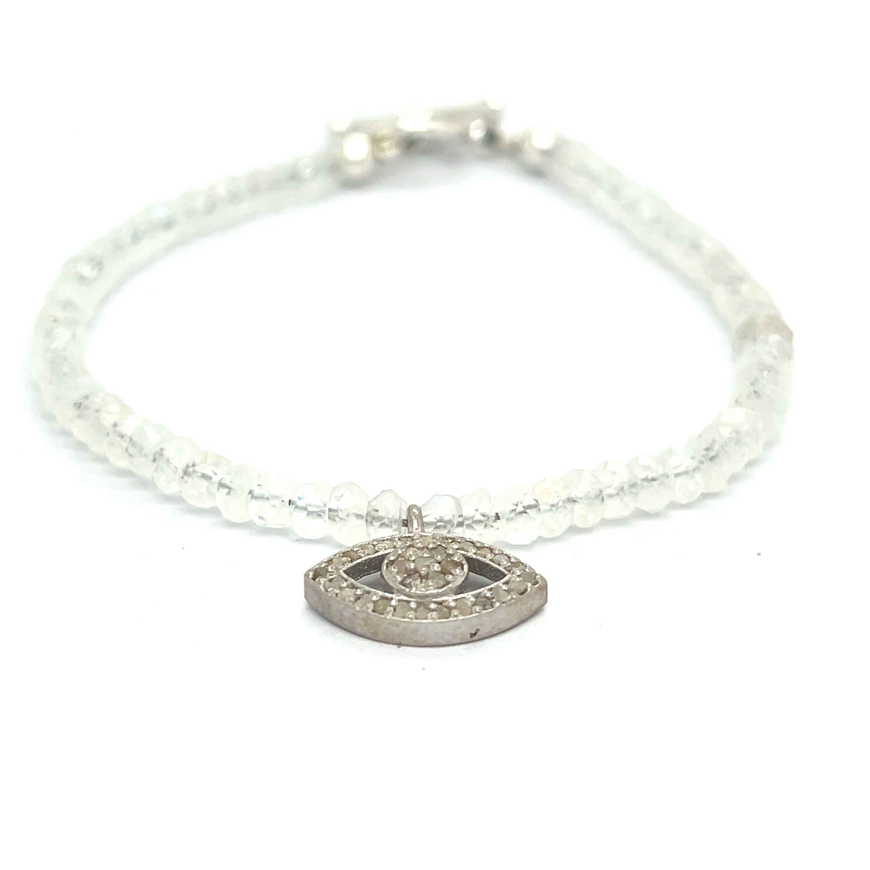 Rainbow Moonstone with a gold filled paved diamond evil eye charm beaded bracelet