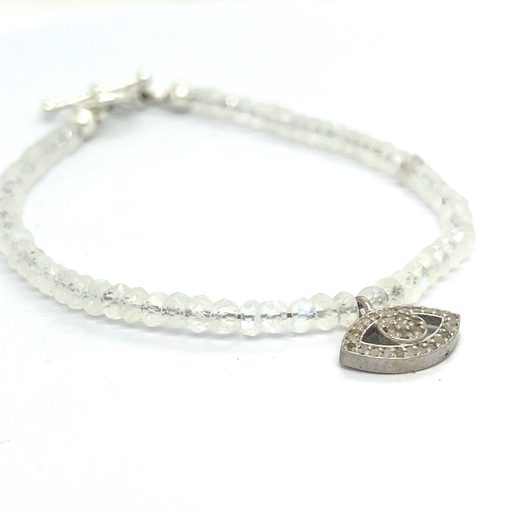 Rainbow Moonstone with a gold filled paved diamond evil eye charm beaded bracelet