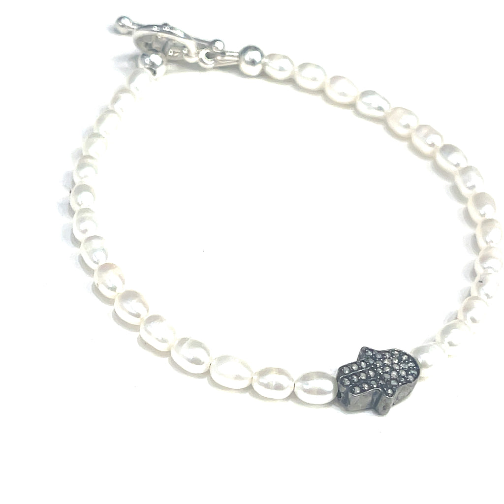 Fresh Water Pearl Diamond paved Humza charm bracelet, jewelry