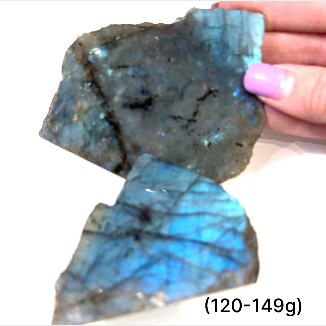 Raw labradorite slab gemstone with blue and gold flash – ethically sourced healing stone for protection and intuition on a white background, sizes (120- 149g) front view