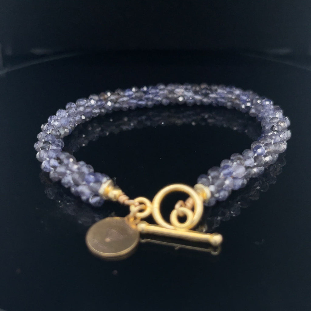Iolite gemstone crocheted bracelet with gold filled toggle