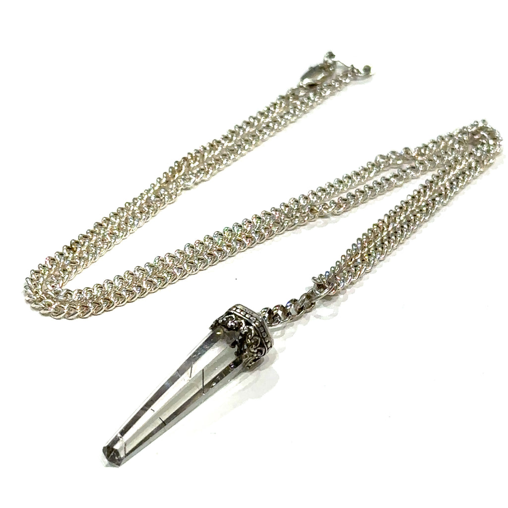 #2 Rutilated Quartz pendants on a Sterling Silver chain necklace with intricate designs on the bezel caps on a white background, center view.