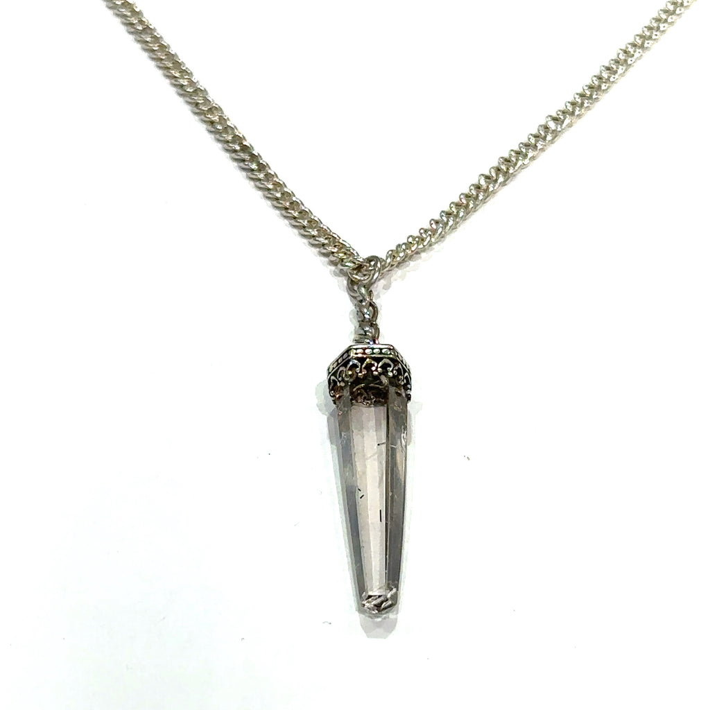 #2 Rutilated Quartz pendants on a Sterling Silver chain necklace with intricate designs on the bezel caps on a white background, hanging long view.
