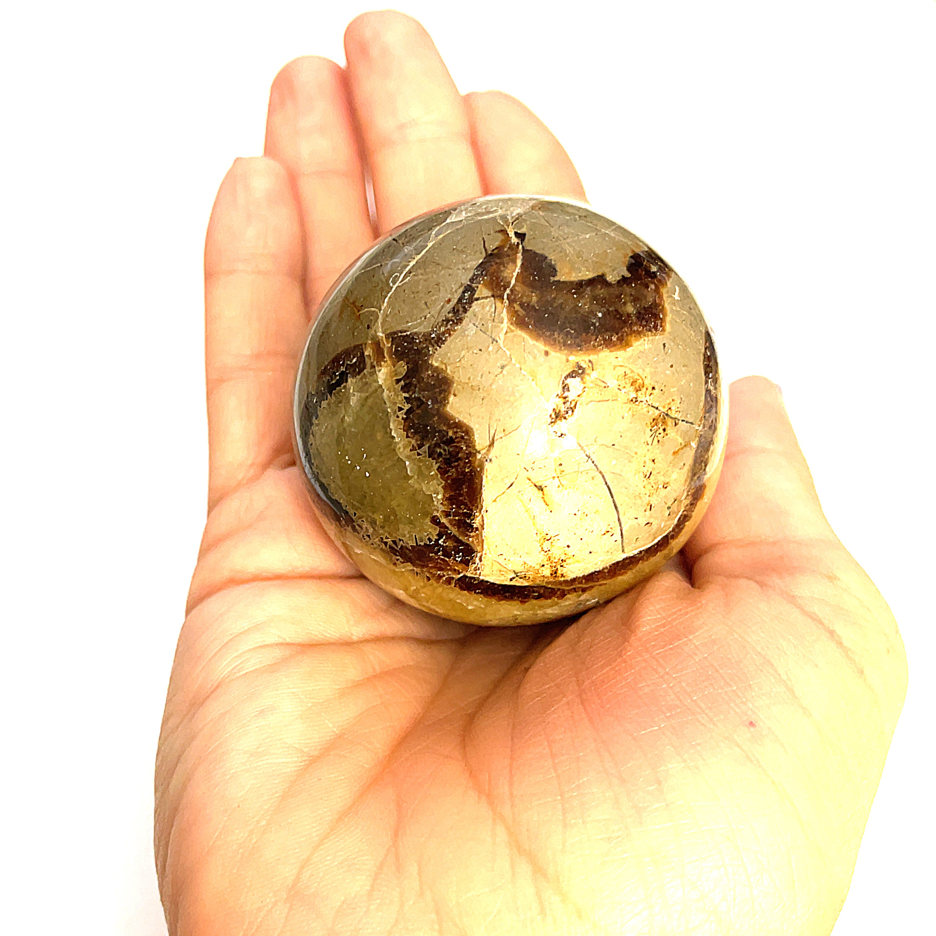 #3 A gemstone sphere displayed in a model's palm on a white background in front view.