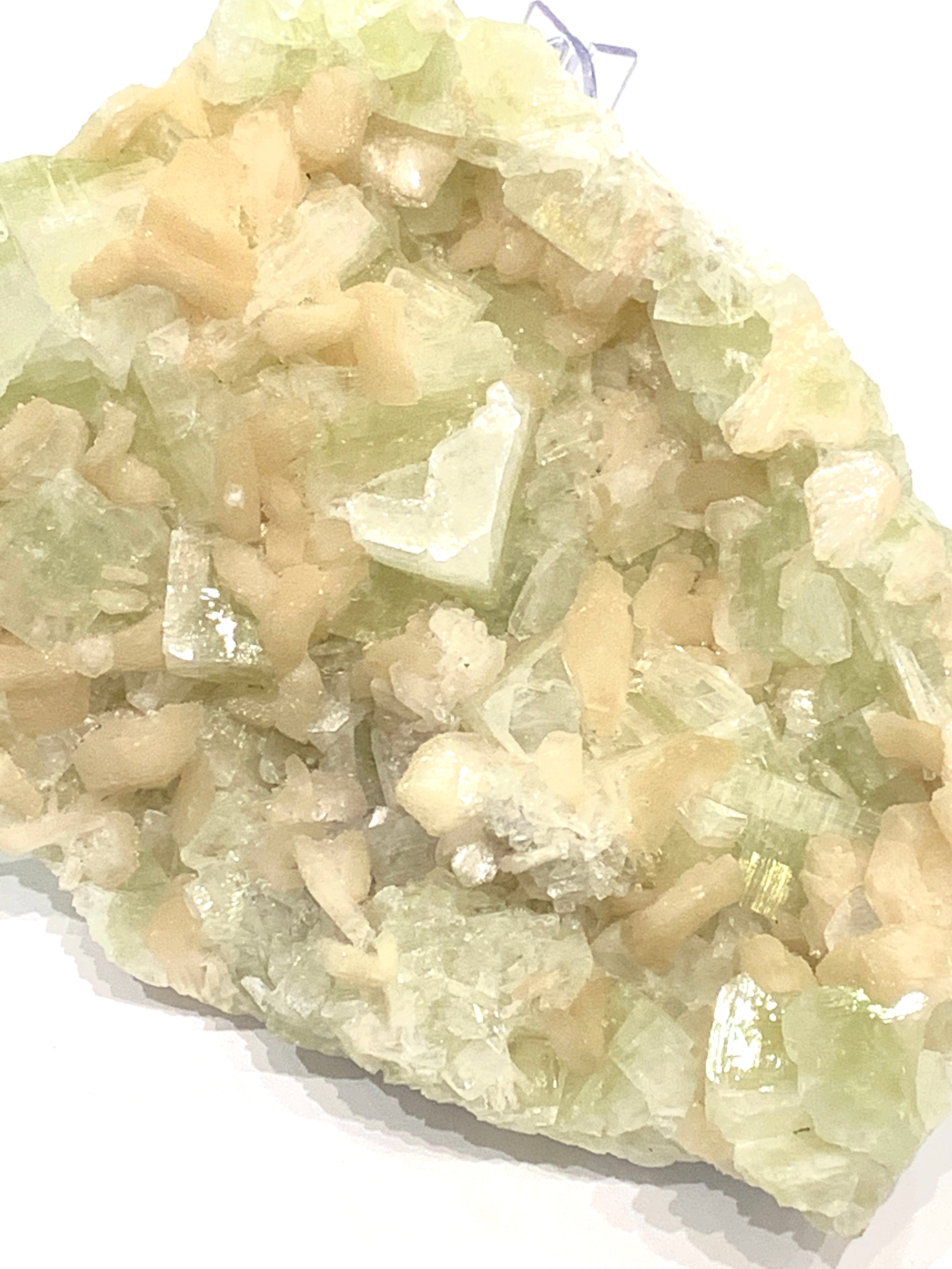 #3 Peach Stilbite with Greem Apophyllite on a white background, front view. 