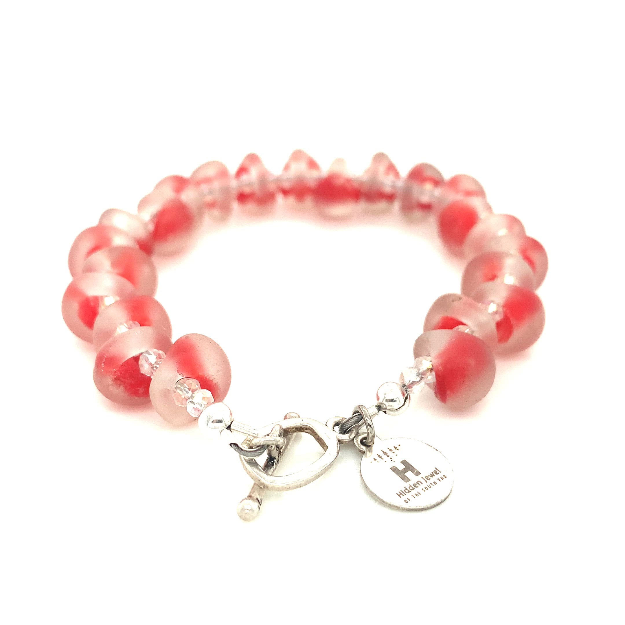 Red Lampwork Glass & Crystal Bracelet, blown glass, size 6.5''