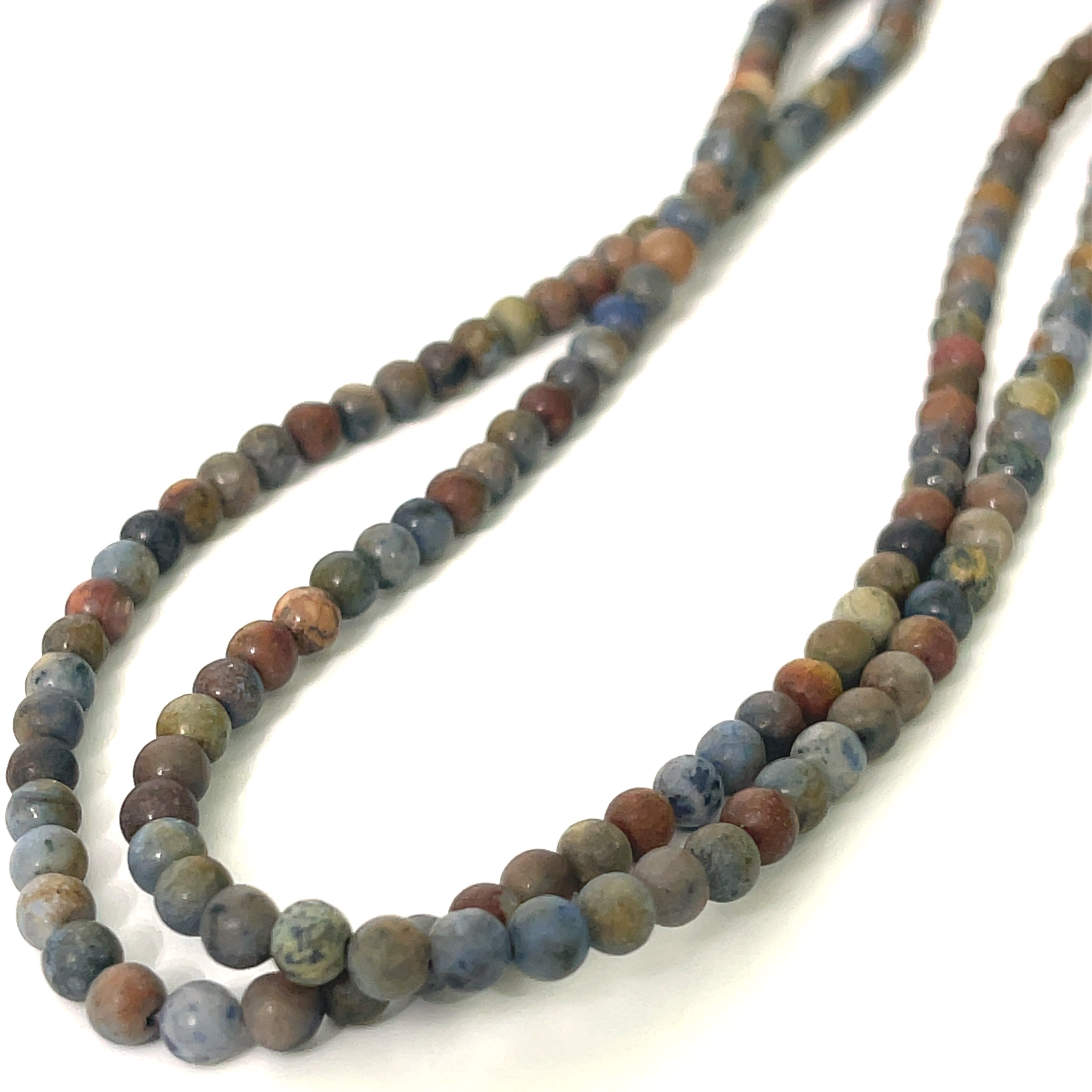 3mm Dumortierite smooth round matte gemstone strand, on a white background, front overview. 