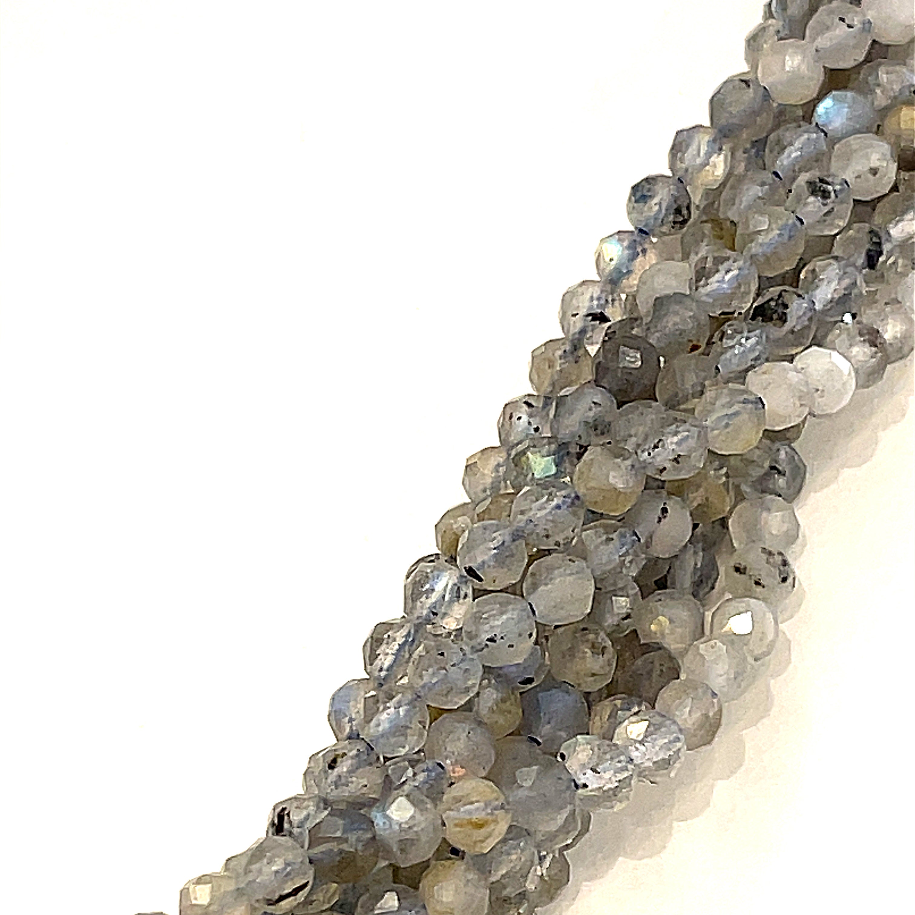 3mm faceted round  Labradorite beads on a white background, front overview.