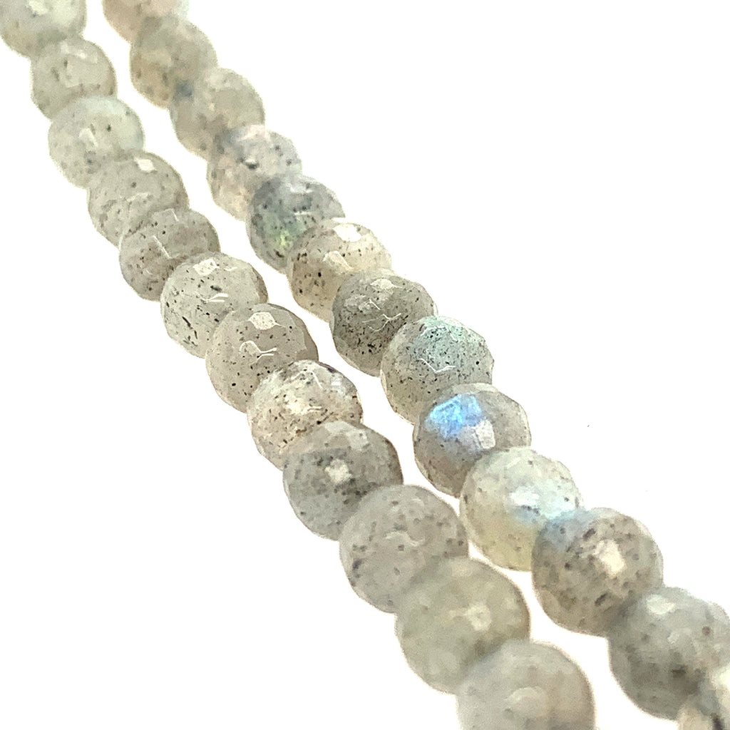 3mm faceted round  Labradorite beads on a white background, front overview.