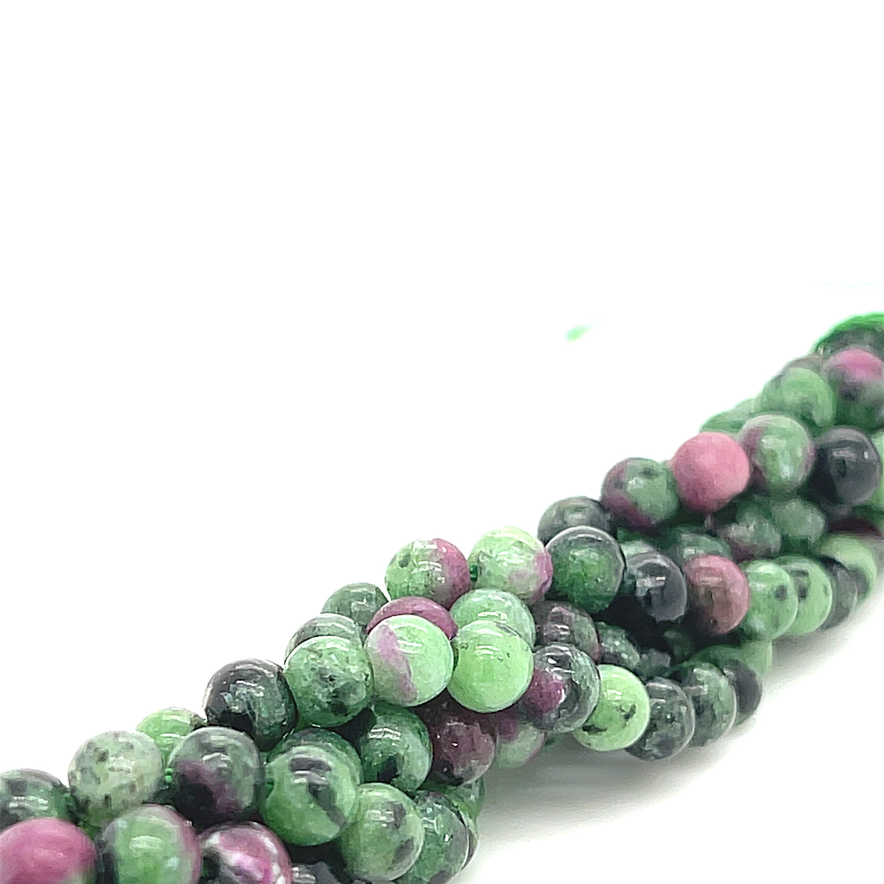 4mm Natural ruby zoisite smooth matte round gemstone strand with green zoisite and red ruby for heart chakra vitality and passion on a white background, front overview. 
