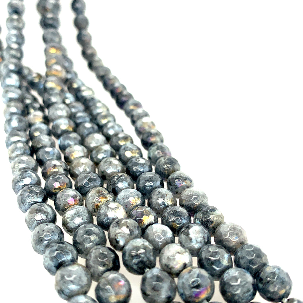 4mm faceted round Black Labradorite beads on a white background, front overview