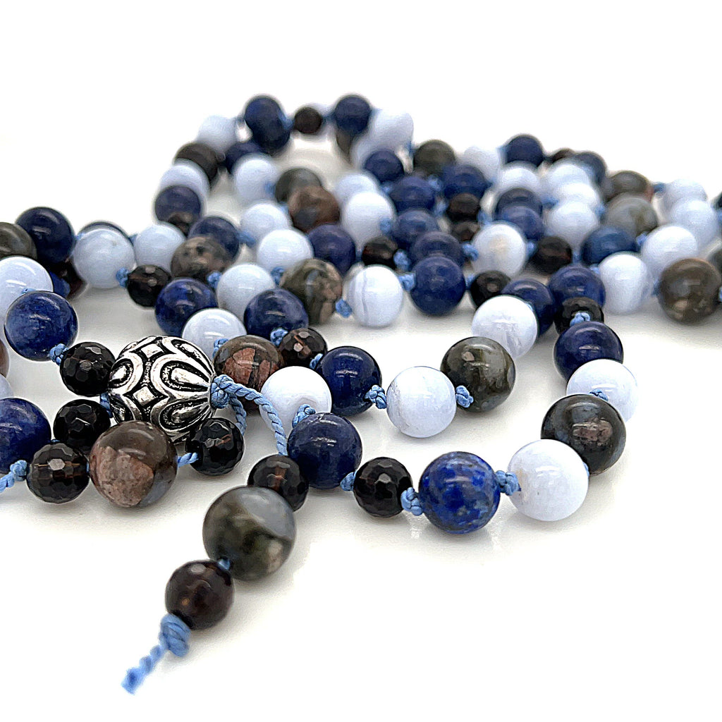 Mala Necklace, Blue Rhyolite, Blue Lace Agate, Smoky Quartz, & Lapis Lazuli gemstone necklace