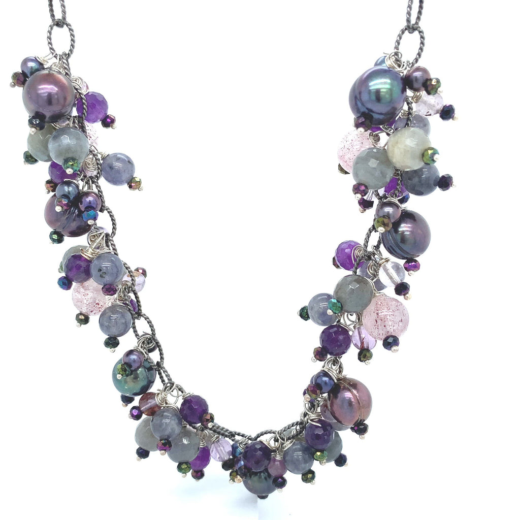 Semi Precious Gemstone Chain Necklace, Sterling Silver Oxidized chain necklace