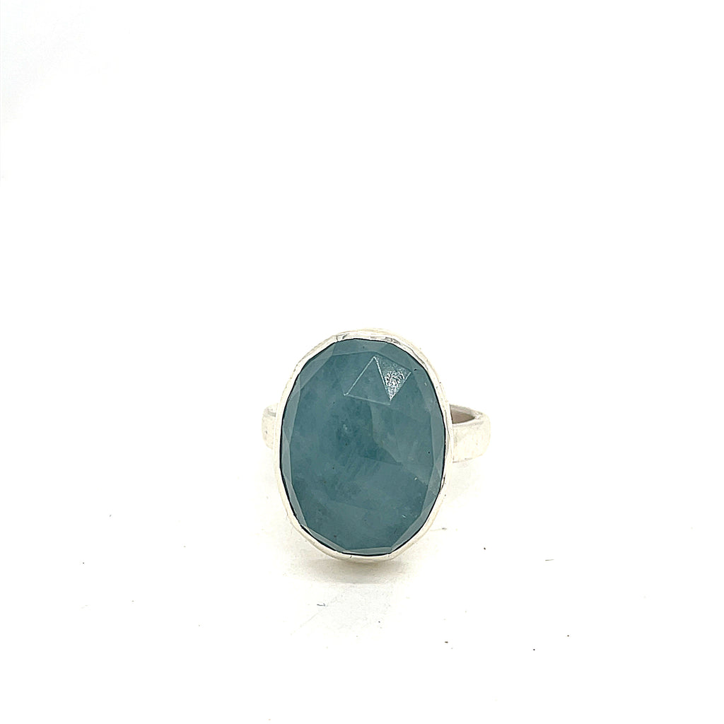 6ct faceted Aquamarine sterling silver ring — March birthstone jewelry  on a white background front and center view. 