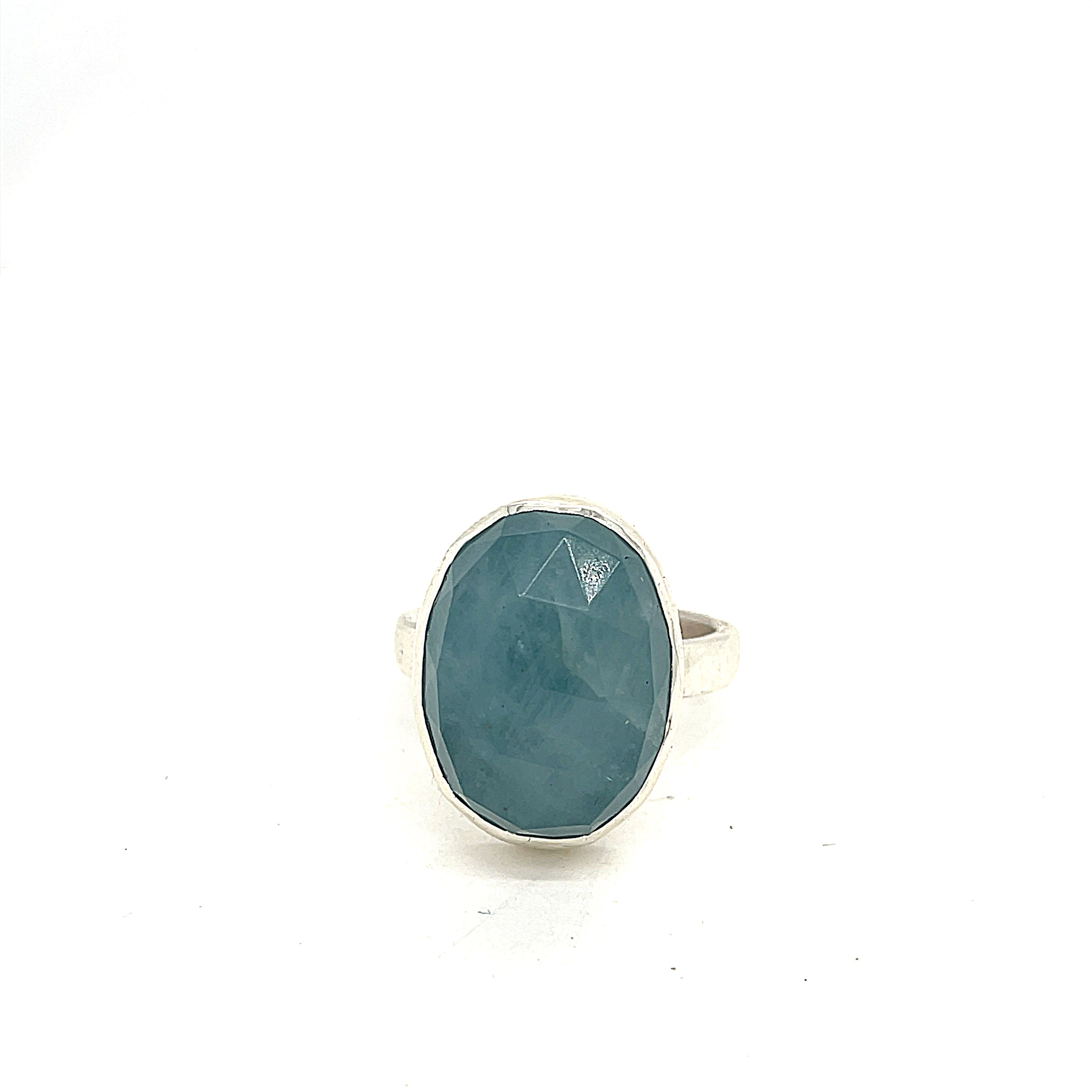 6ct faceted Aquamarine sterling silver ring — March birthstone jewelry  on a white background front and center view. 