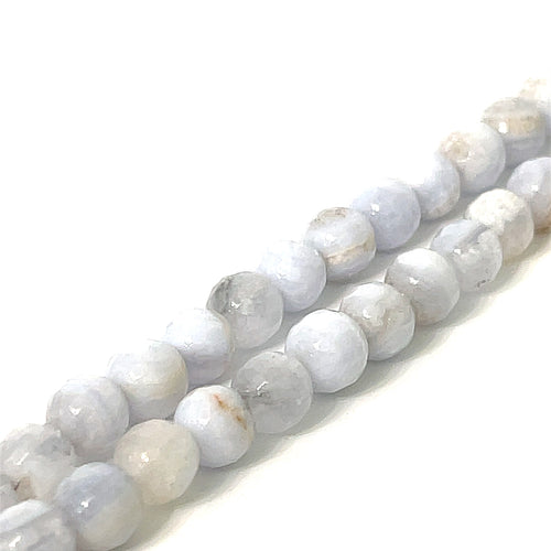 6mm Blue lace Agate faceted round gemstones on a white background, front overview. 