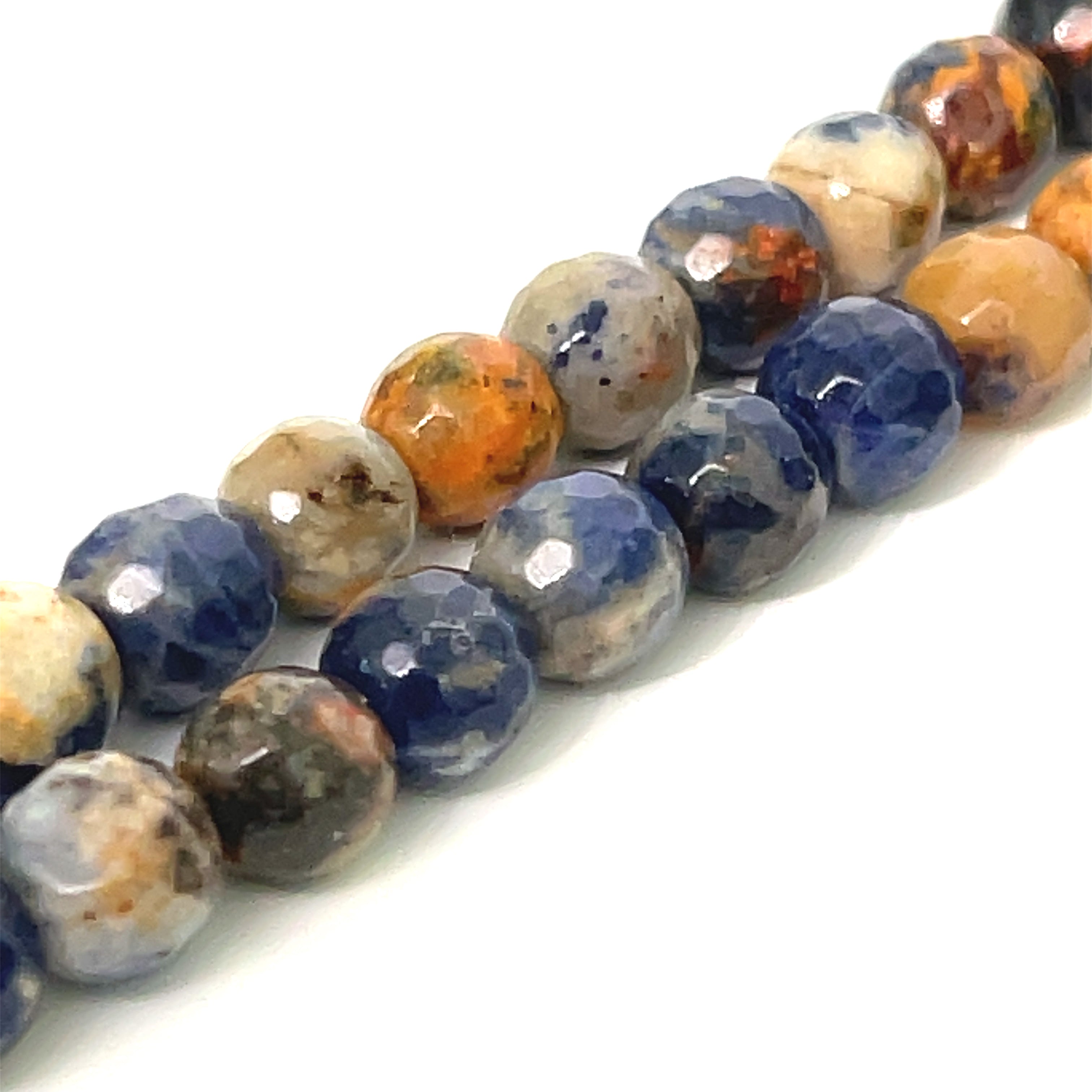 6mm Orange Sodalite faceted round gemstone strand on a white background, front overview.