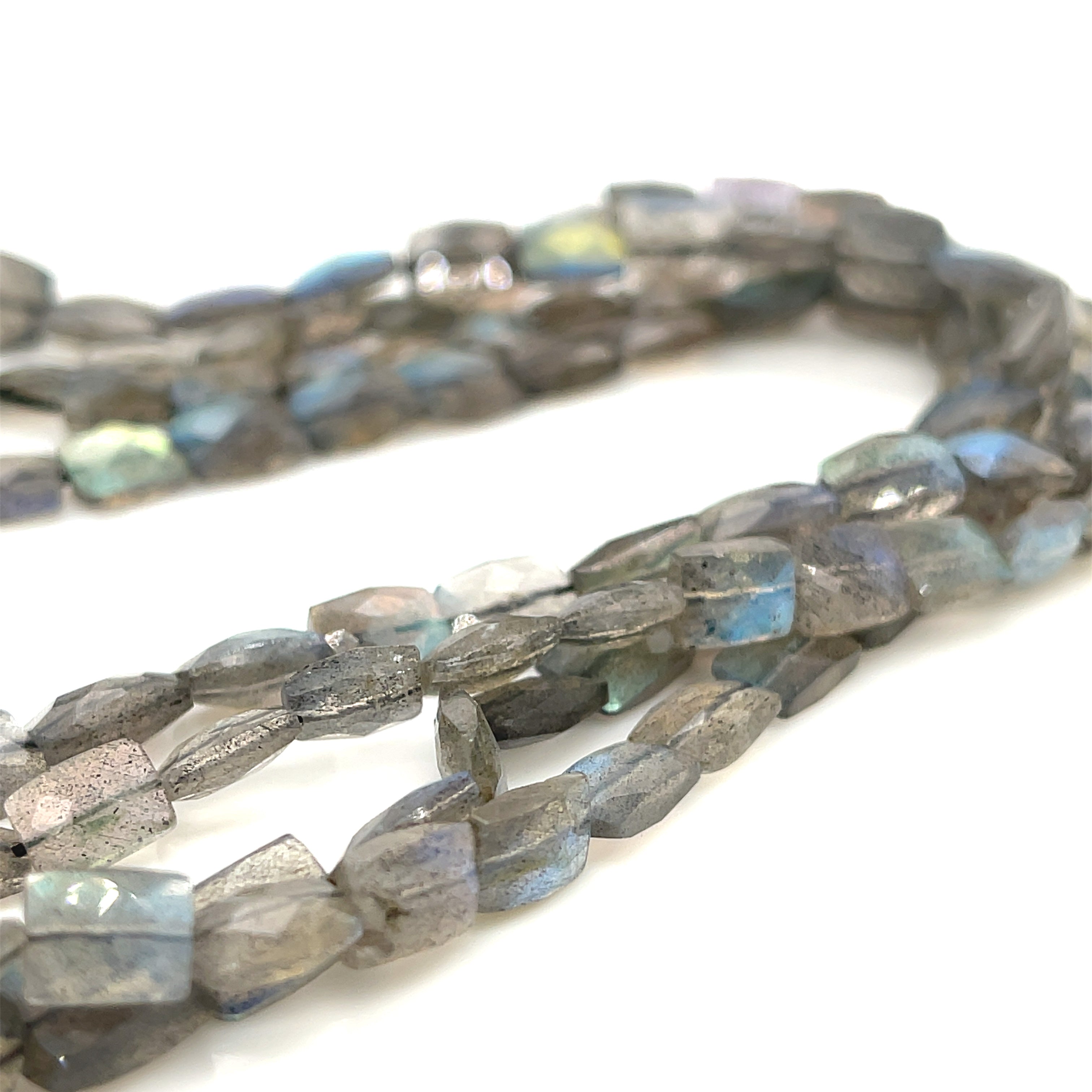 6mm faceted rectangle Labradorite beads on a white background, front overview