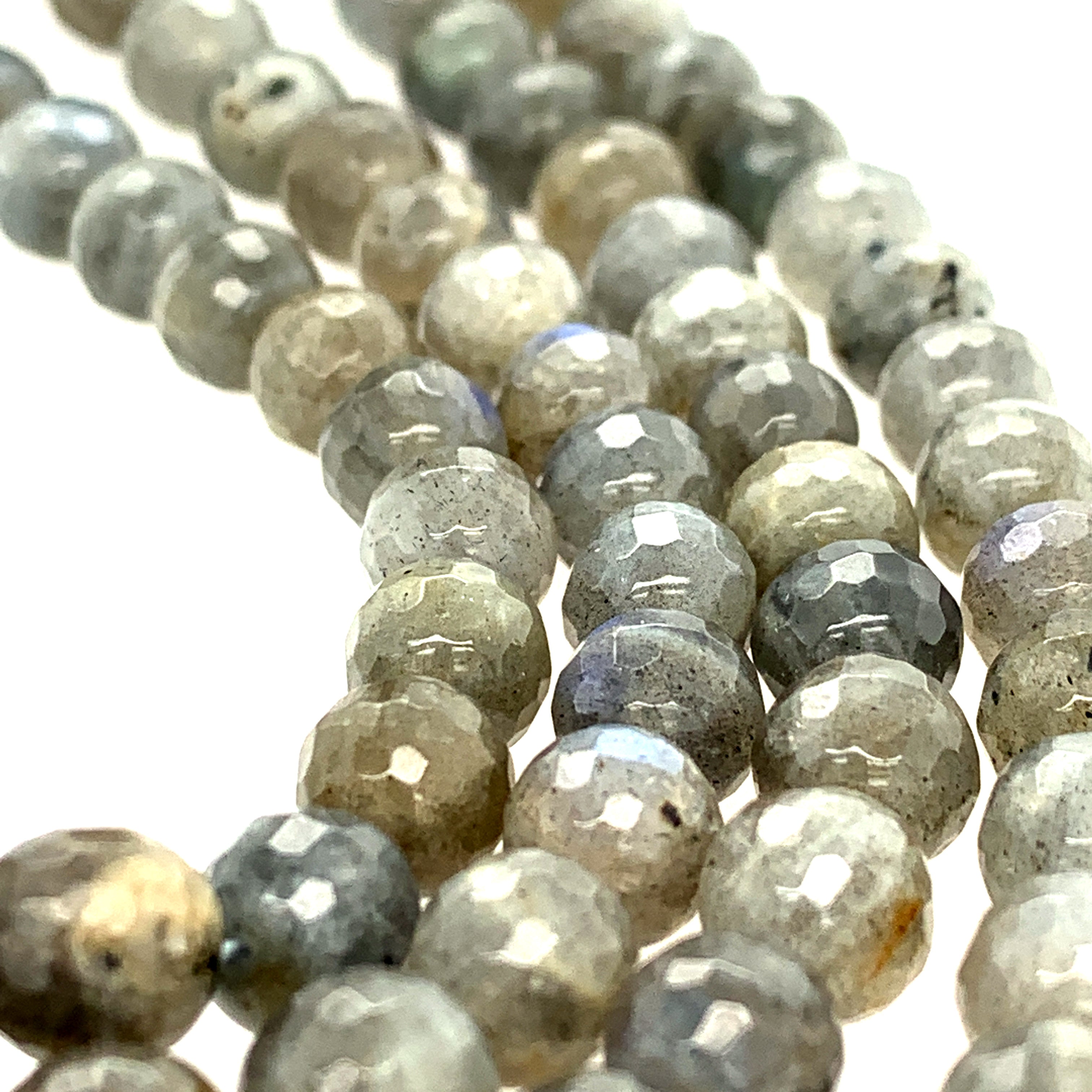 6mm faceted round Labradorite beads on a white background, front overview