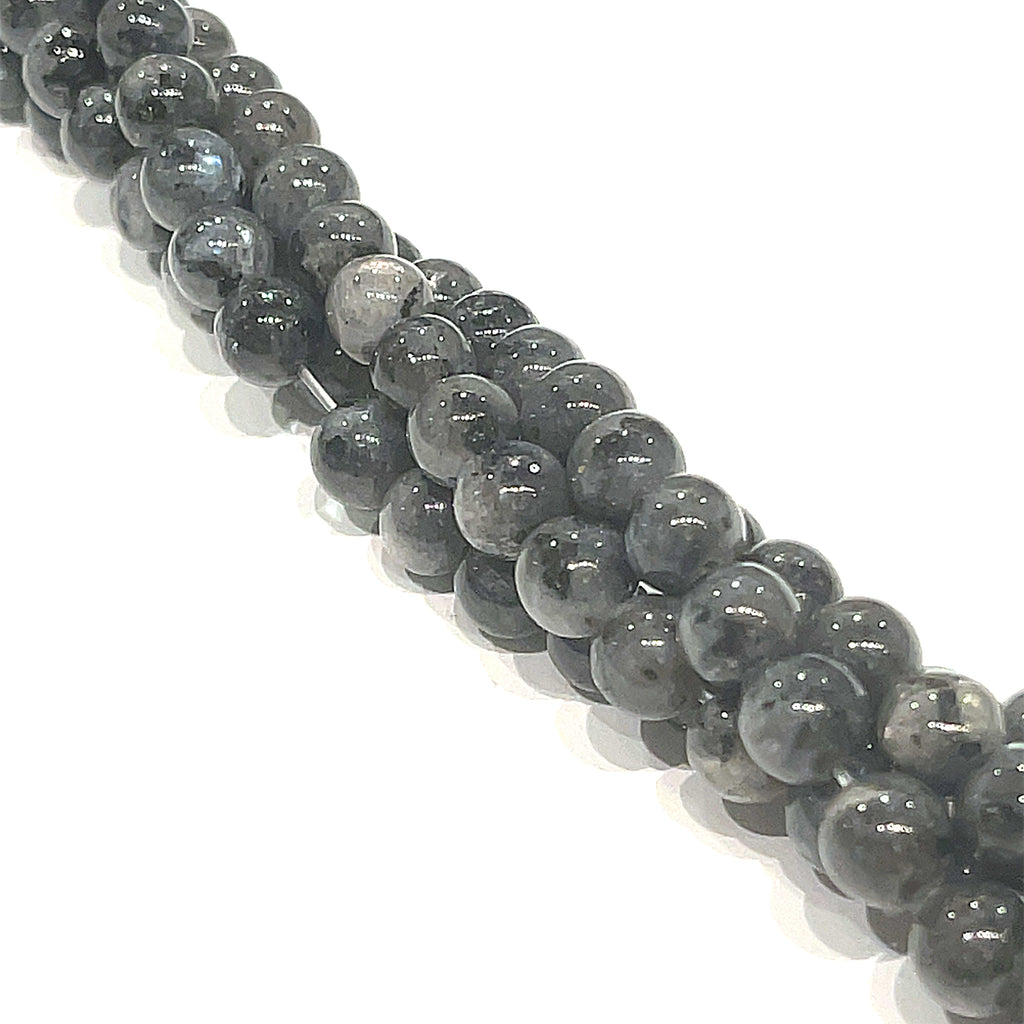 6mm smooth round Black Labradorite beads on a white background, front overview