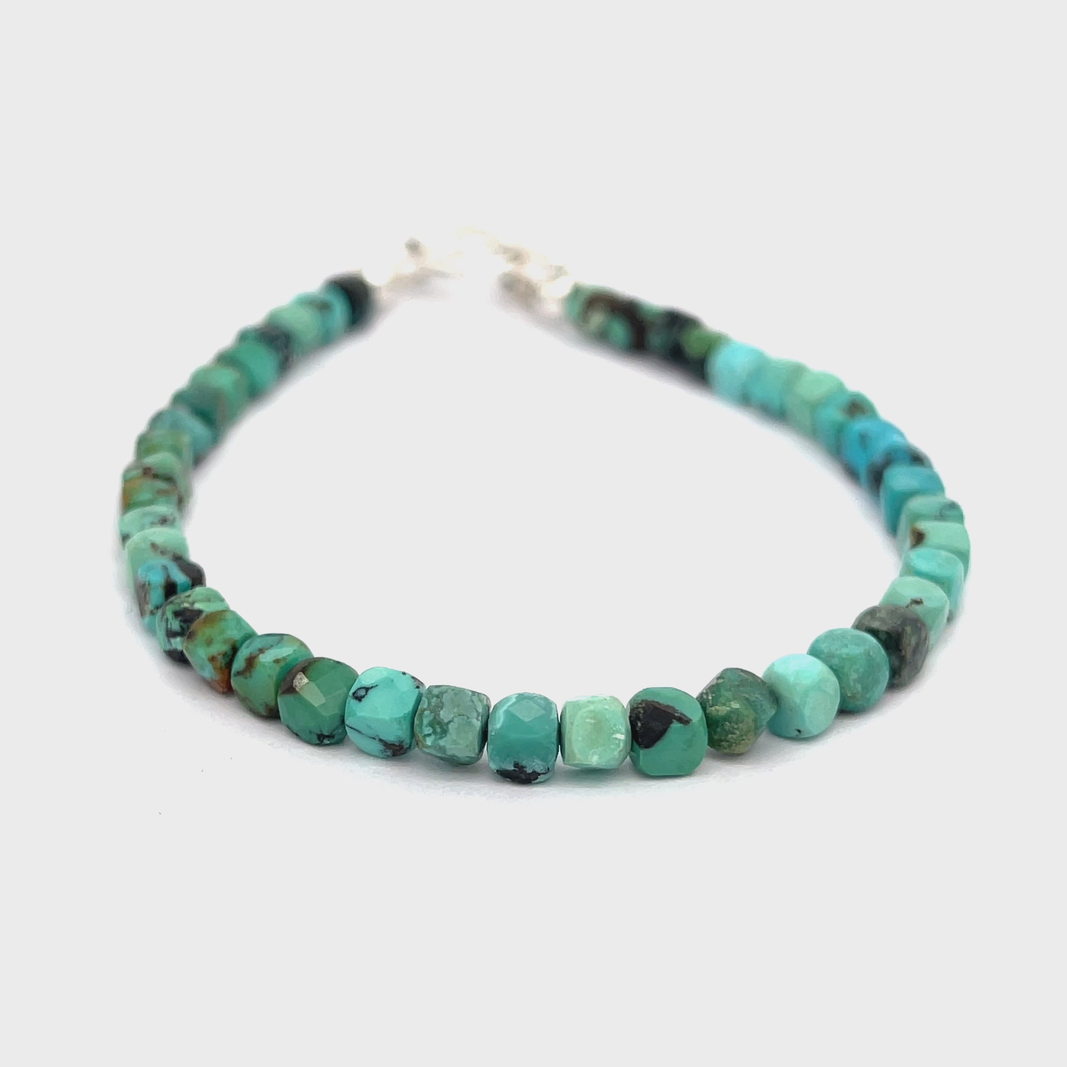 Top-grade Turquoise faceted cubed  beads strung on durable Beadalon wire with a sterling silver toggle on a white background  back view.  video