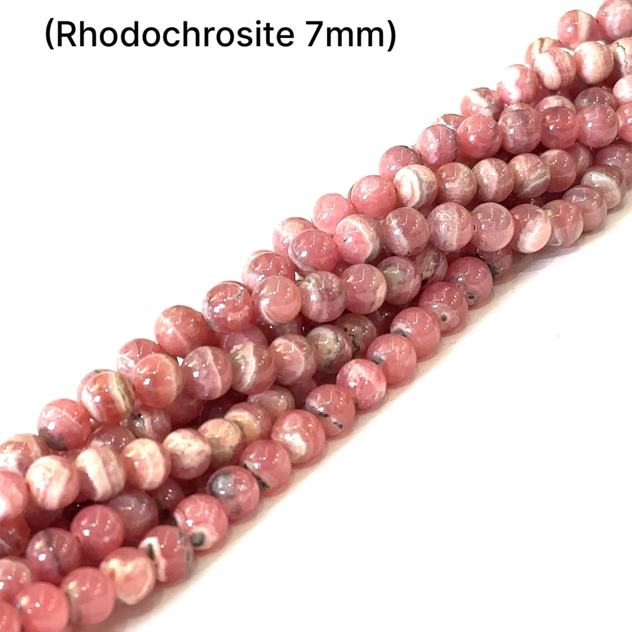 7mm Rhodochrosite smooth round gemstone strand on a white background, front overview.