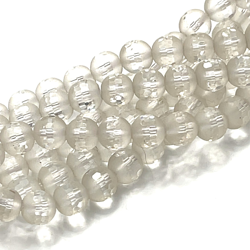 8mm Clear Quartz gemstone faceted  matte with strip rounds strand on a white background, overview. 