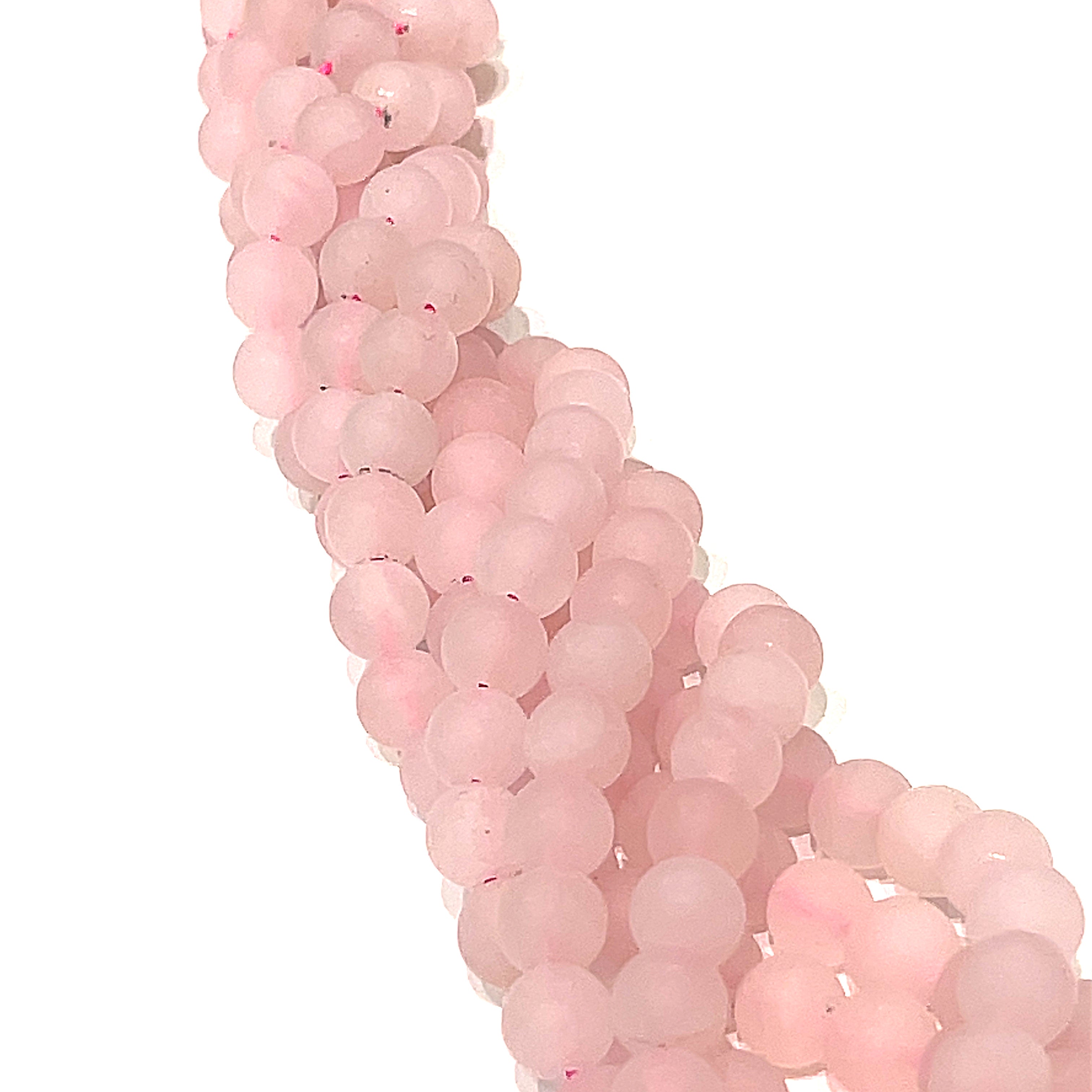 8mm  Rose Quartz gemstone beads, smooth round matte, 16'' strand on a white background, overview.