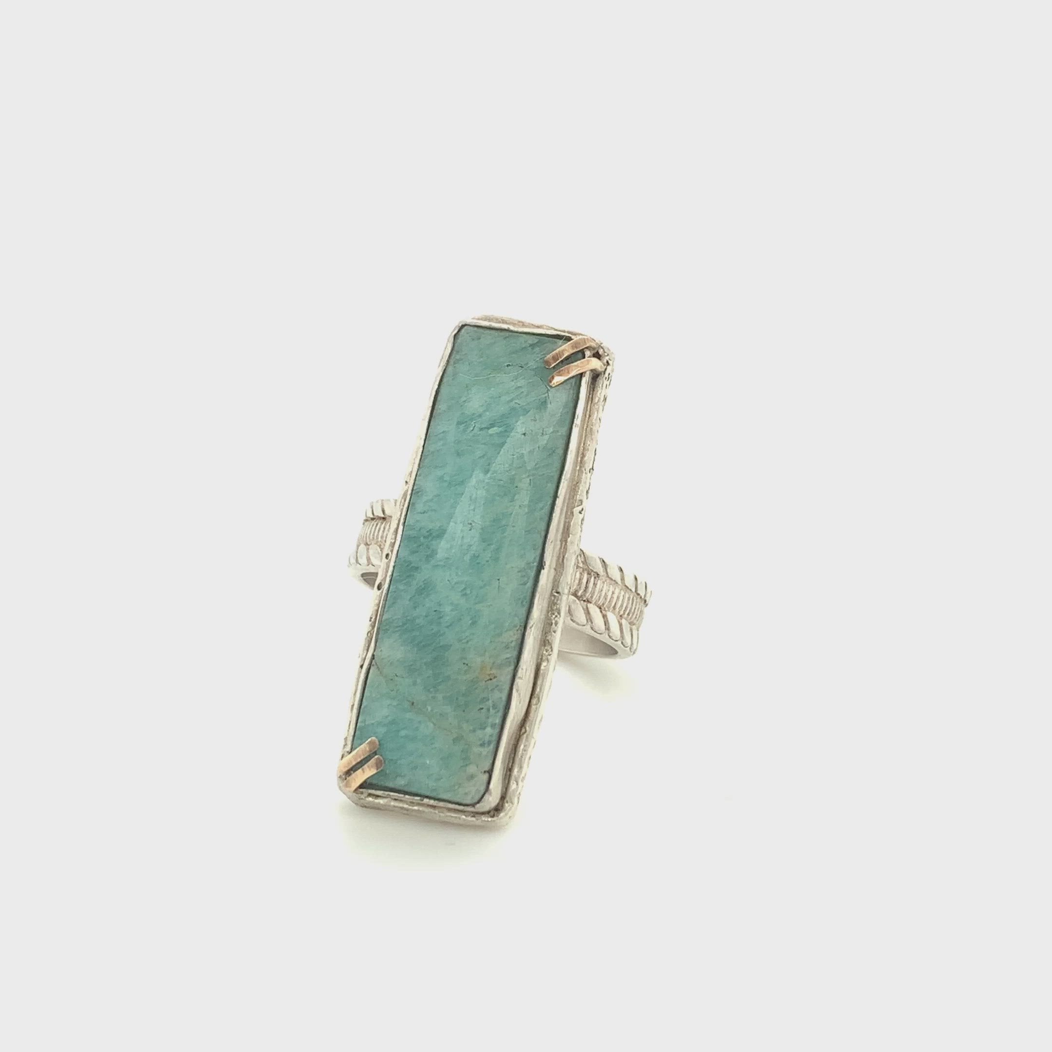 Faceted Amazonite rectangular Sterling Silver ring, green colored ring