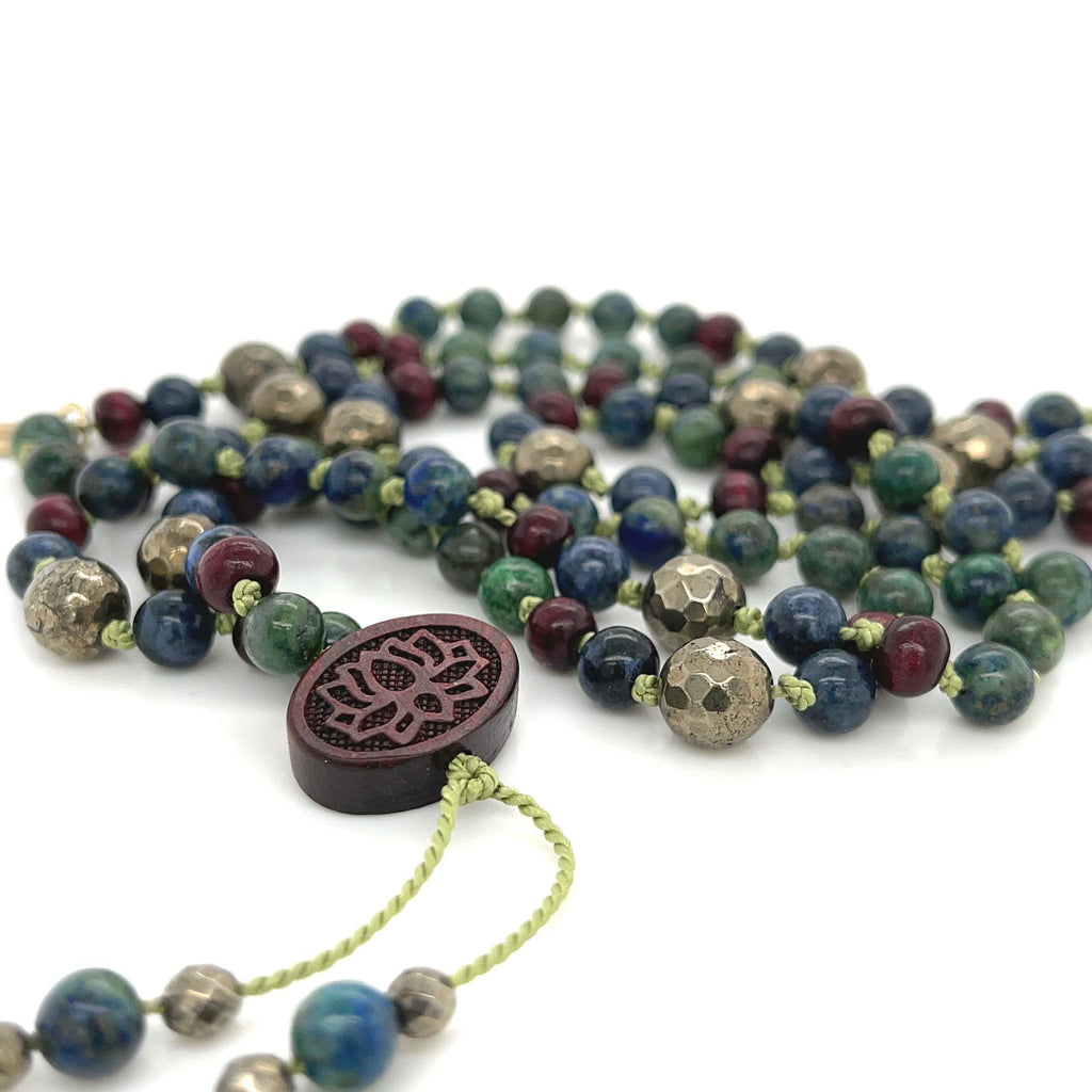 Pyrite, Ebony Wood,  & Azurite/  Malachite Mala gemstone Necklace