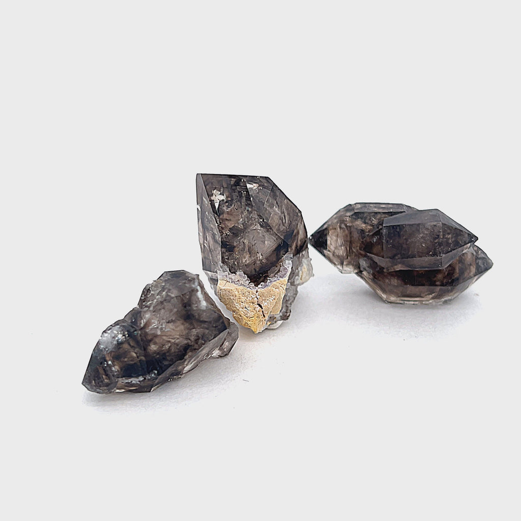 A collection of raw Smokey Quartz gemstones with a dark, smoky appearance, displayed on a white background in a line front view. video