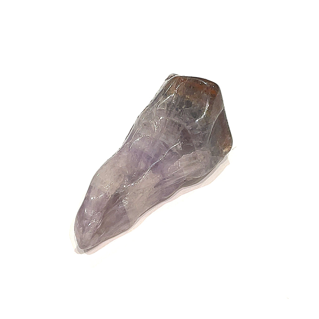 A Auralite-23 tumbled gemstones displayed on a white background, front overview.