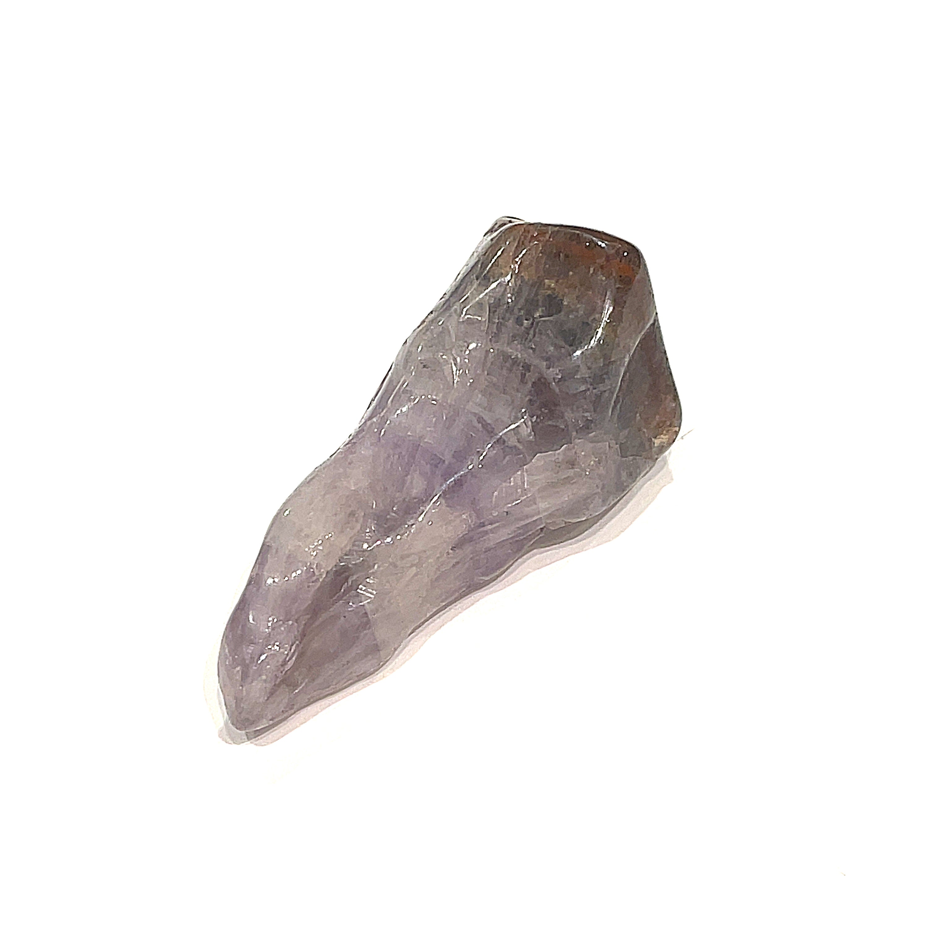 A Auralite-23 tumbled gemstones displayed on a white background, front overview.