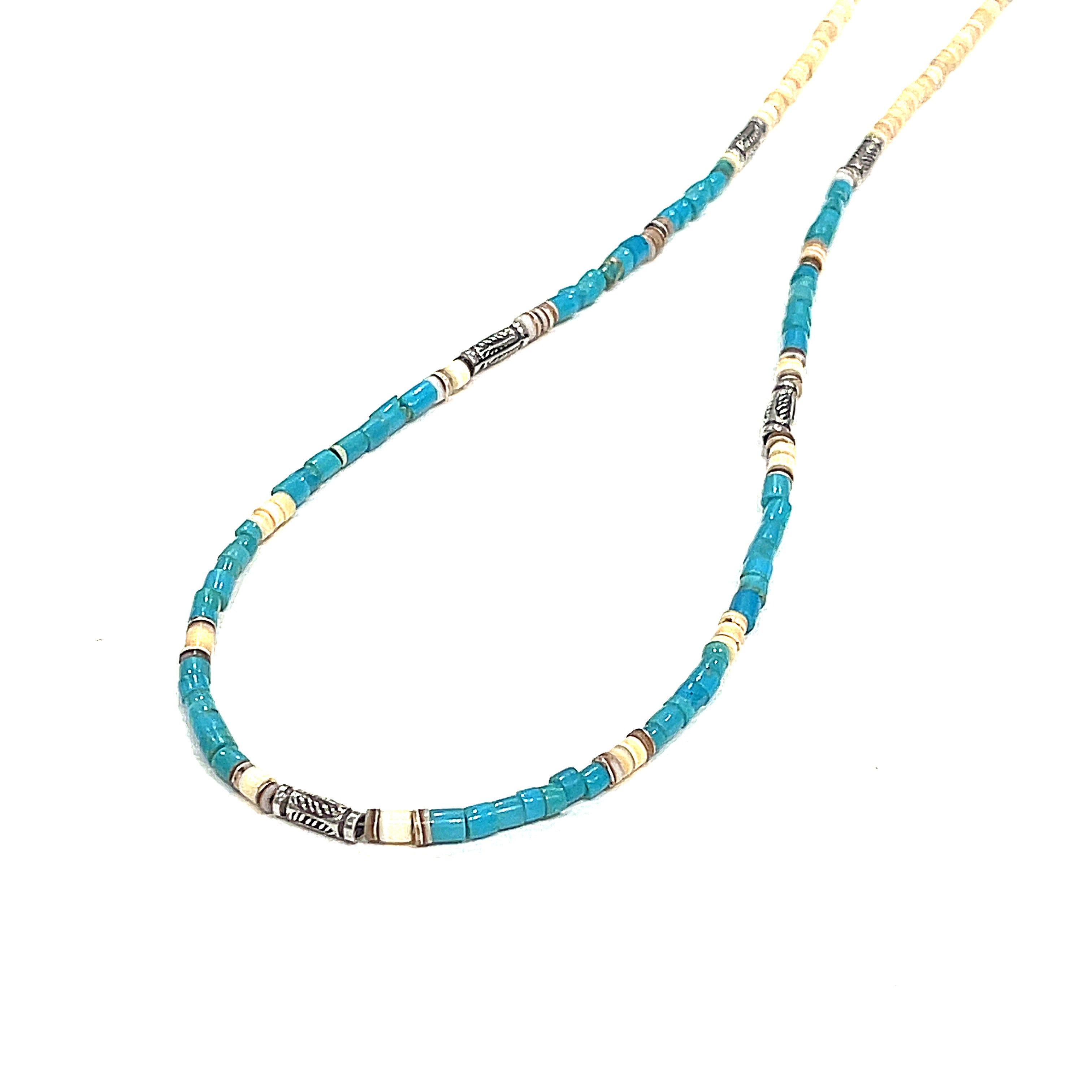 A Blue  Shell roundel gemstone necklace with sterling silver tribal tube beads on a white background, front long left diagonal overview.