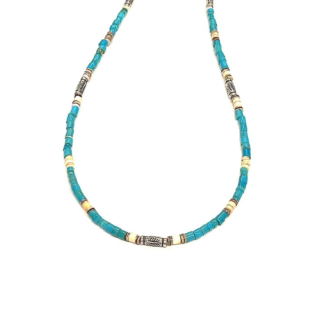 A Blue  Shell roundel gemstone necklace with sterling silver tribal tube beads on a white background, front long overview.