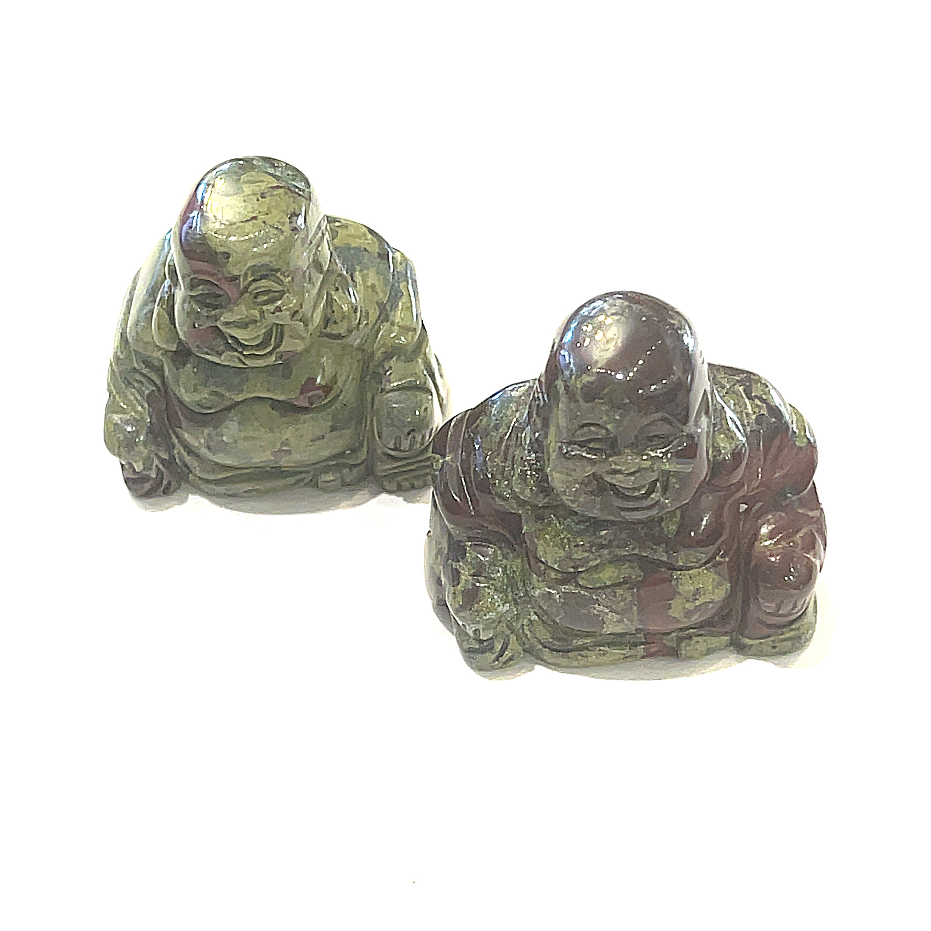A Close-up of dragon blood jasper of a Reiki infused gemstone Buddha with detailed carving on a white background front overview