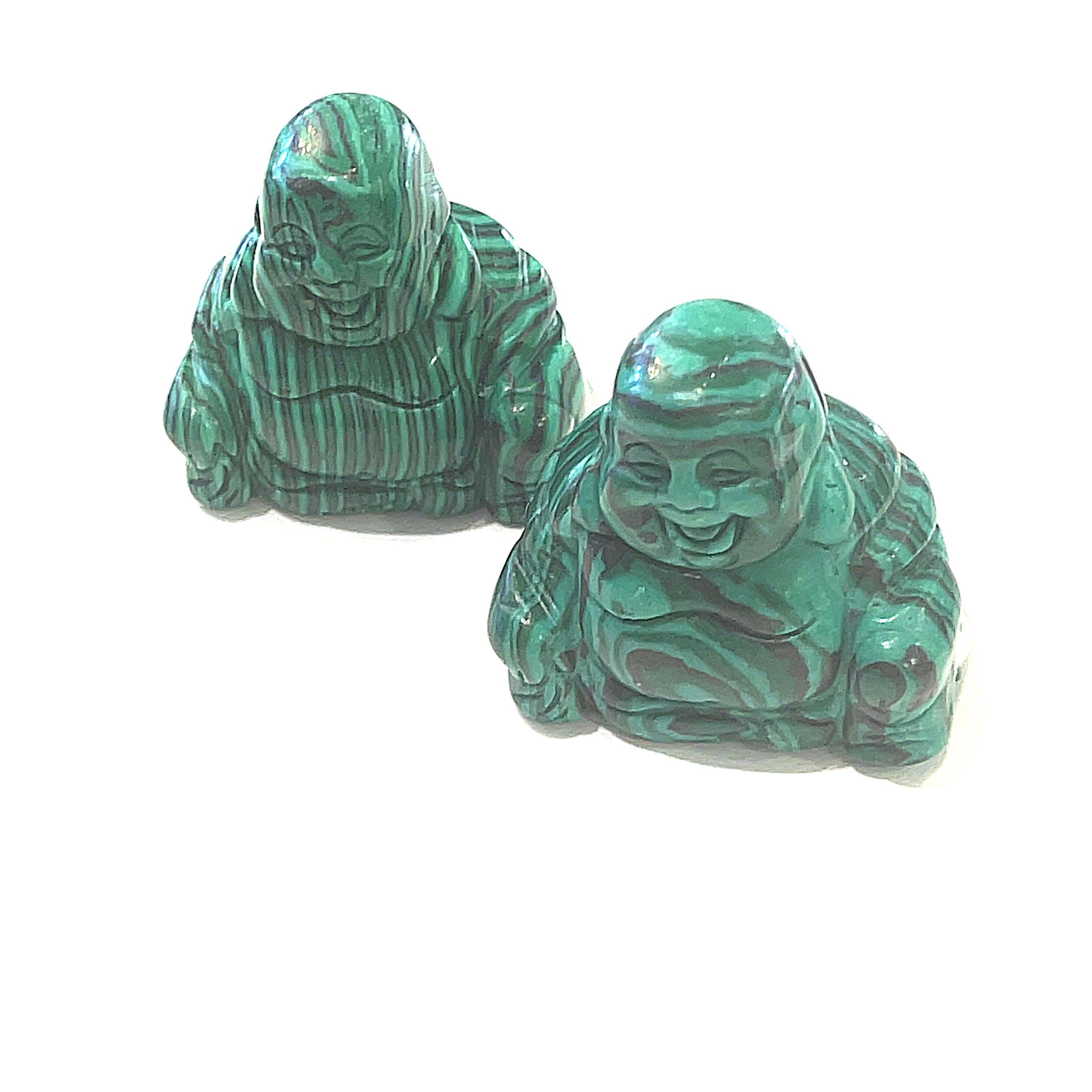 A Close-up of malachite of a Reiki infused gemstone Buddha with detailed carving on a white background front overview