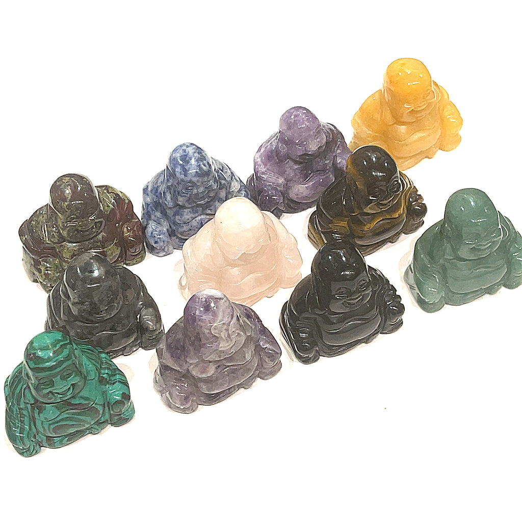 A Close-up of our collection of Reiki infused gemstone Buddha with detailed carving on a white background front overview. 