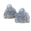 A Close-up of sodalite of a Reiki infused gemstone Buddha with detailed carving on a white background front overview. 