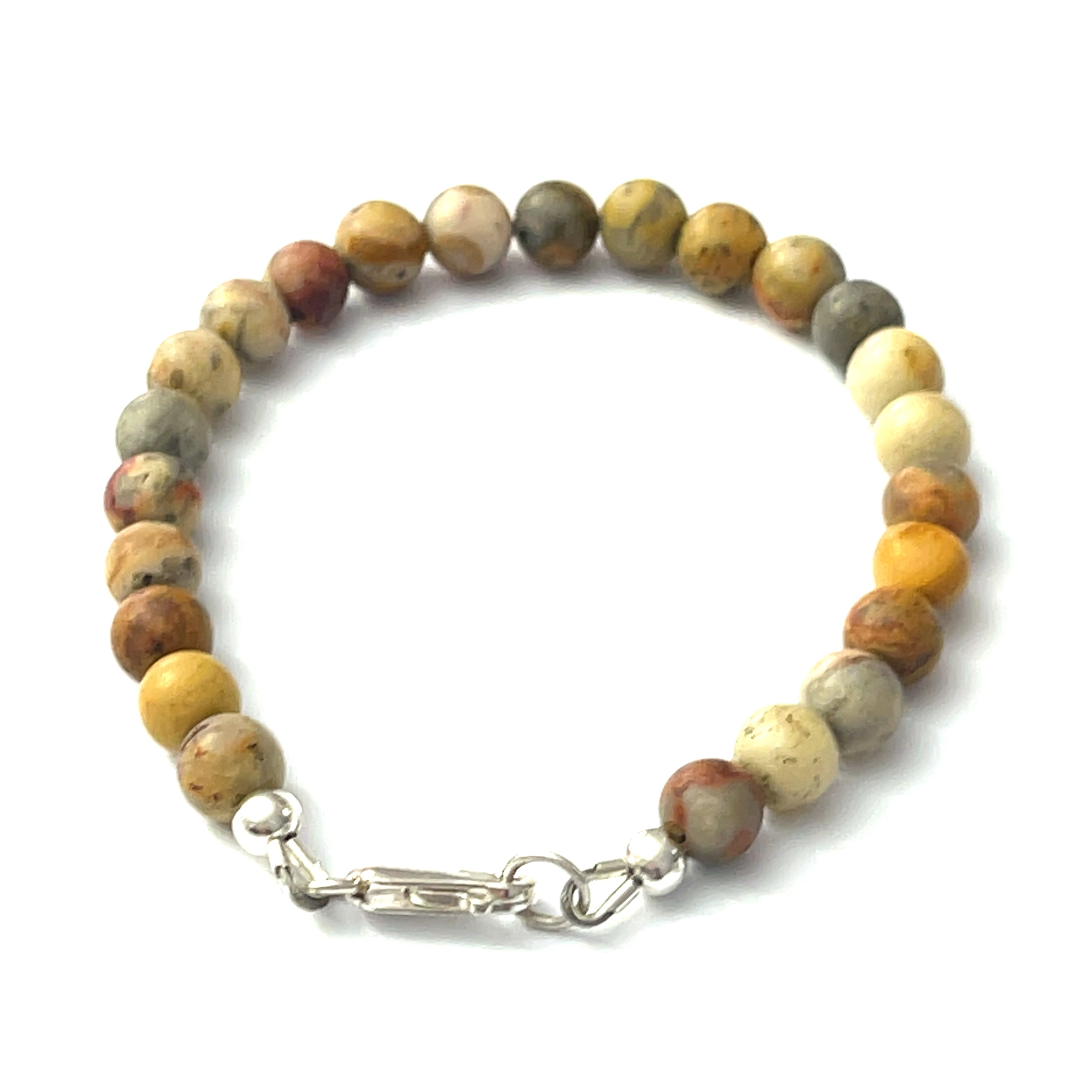A Crazy Lace Agate gemstone beaded bracelet with sterling silver lobster claw on a white background back overview. 