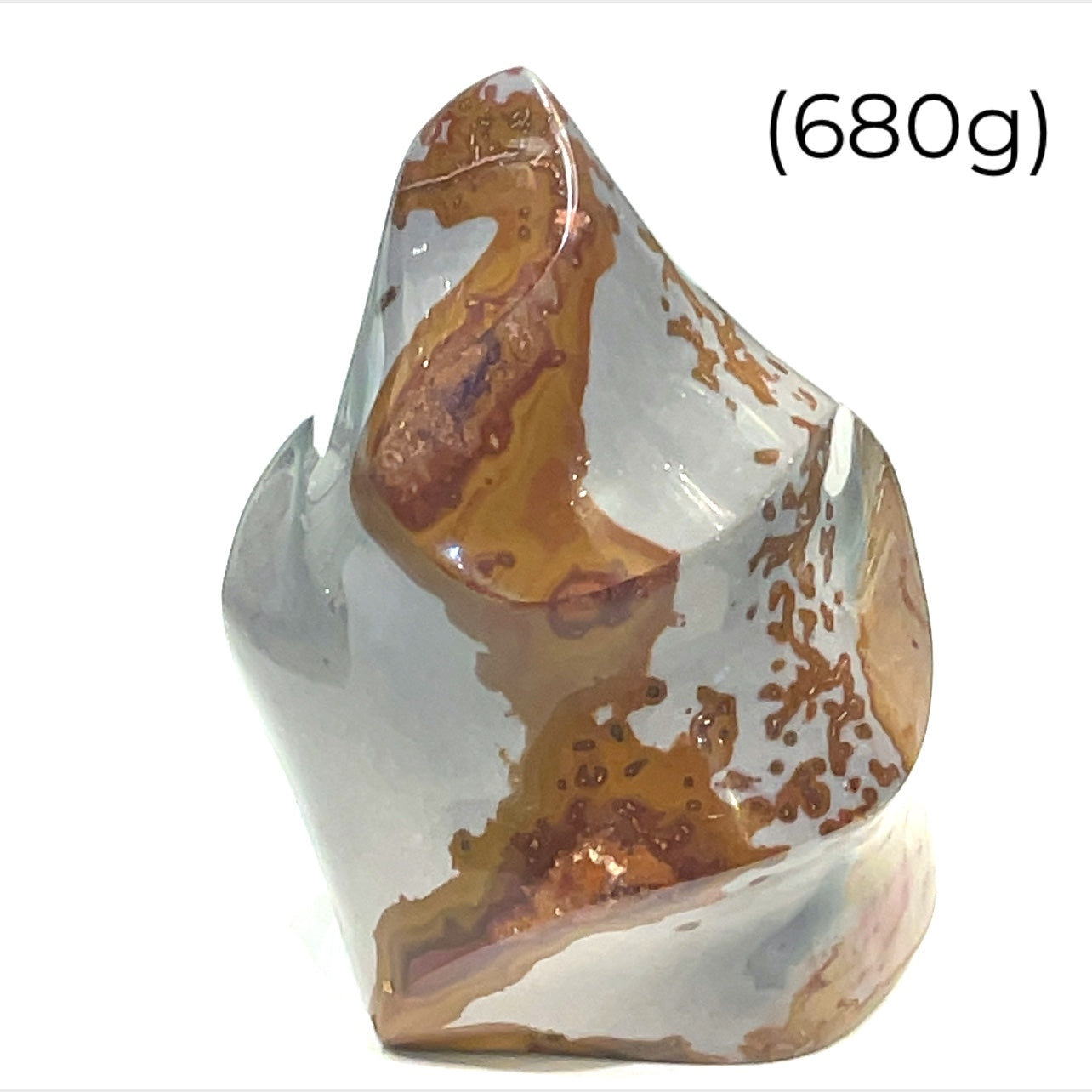 A Polychrome Jasper showing natural color swirls and polished flame shape (680g) on a white background front view. 